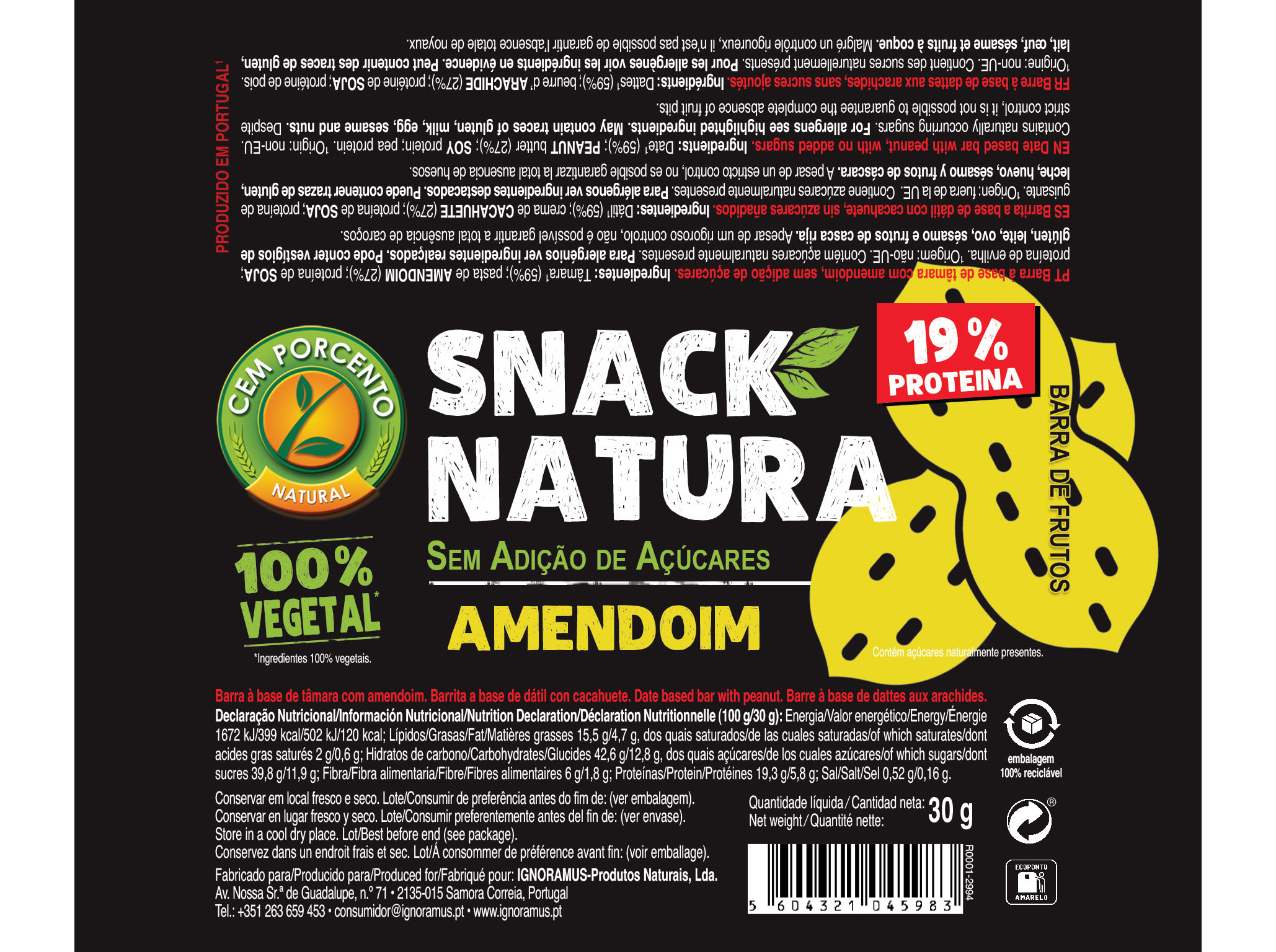 BARRA SNACK NATURA CEMPORCENTO AMENDOIM 30G