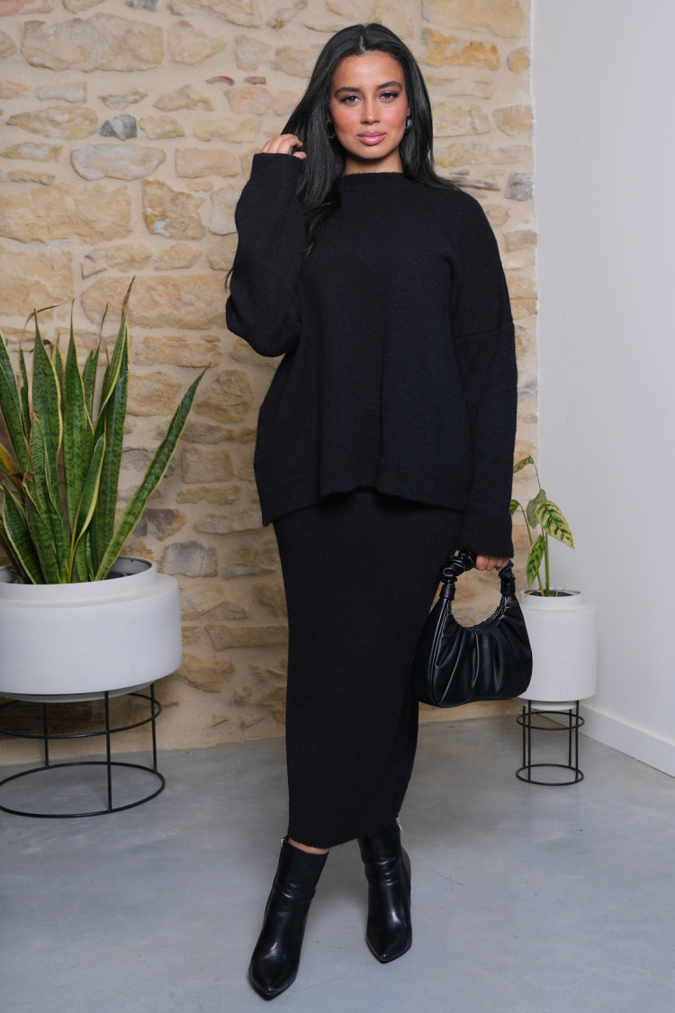 Ensemble 2 pièces pull + jupe noire texturée