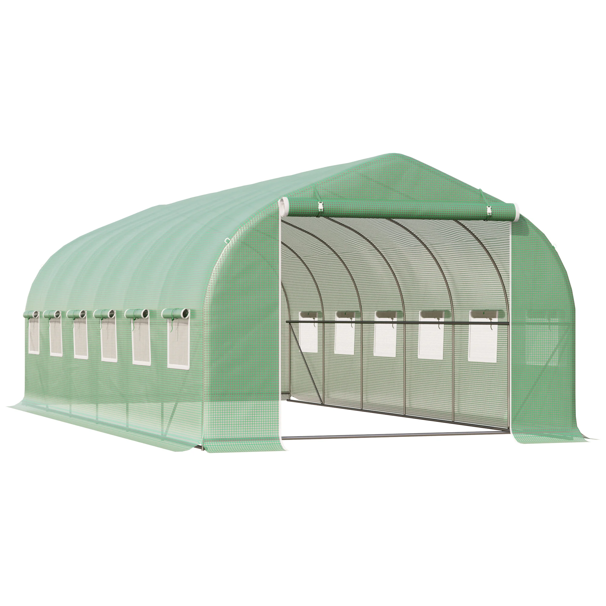 Estufa túnel Outsunny 6x3x2 m para jardim, com porta e 12 janelas de enrolar, feita de polietileno e aço galvanizado, ideal para hortas, plantas, flores e muito mais.