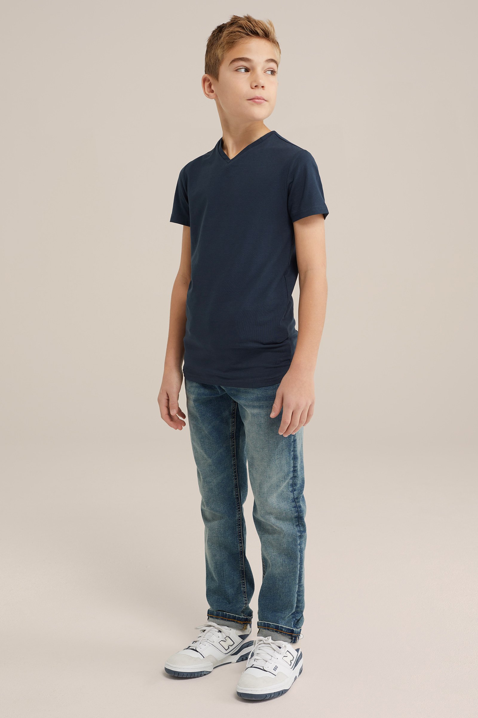Jongens basic T-shirt met V-hals WE Fashion Donkerblauw
