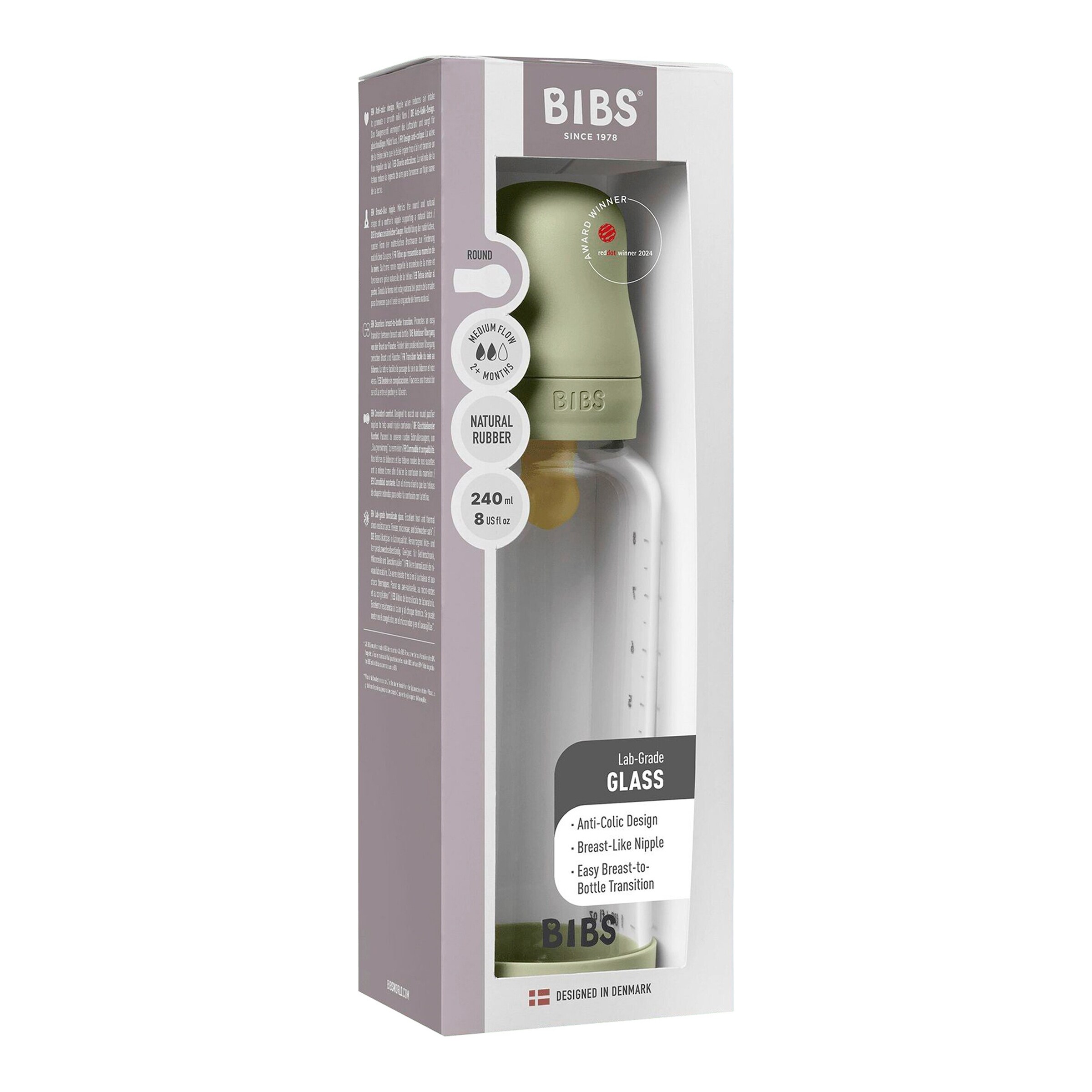 BIBS Babyflasche aus Glas, 240 ml, 2M+ sage