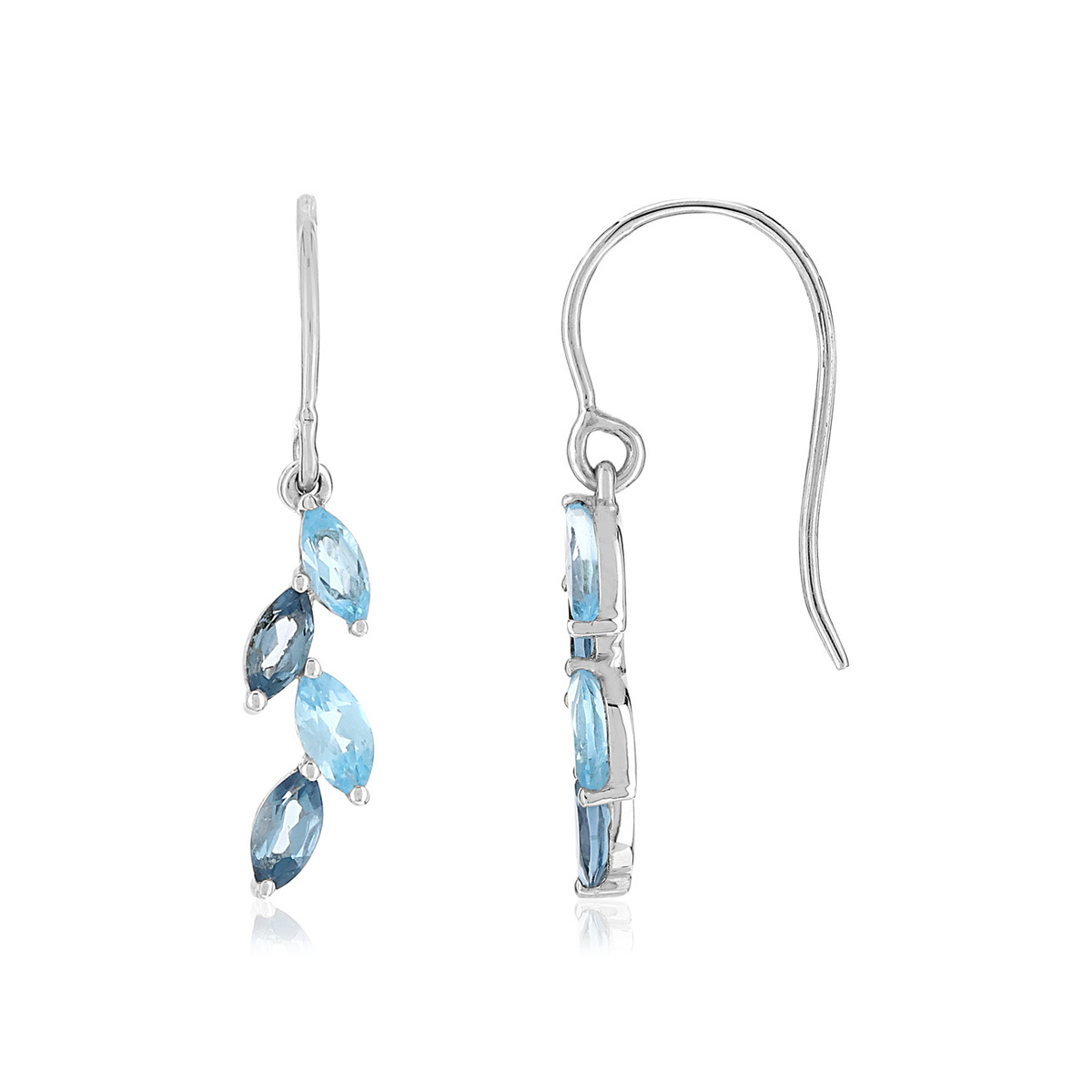 Boucles d'oreilles or blanc 375 pendants topazes bleues traitées et London Blue