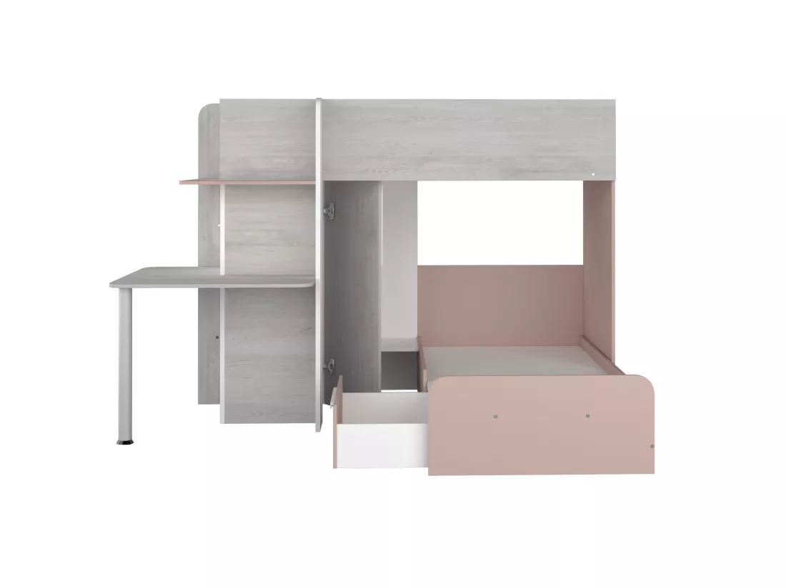 Lits superposés d'angle 2 x 90 x 190 cm - Avec bureau - Gris, blanc et rose - SAMUEL
