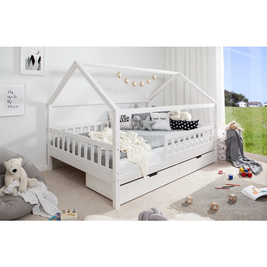 TICAA Kinderbett Hausbett Kay 140x200 inkl. Schubkästen Kiefer weiß Weiß