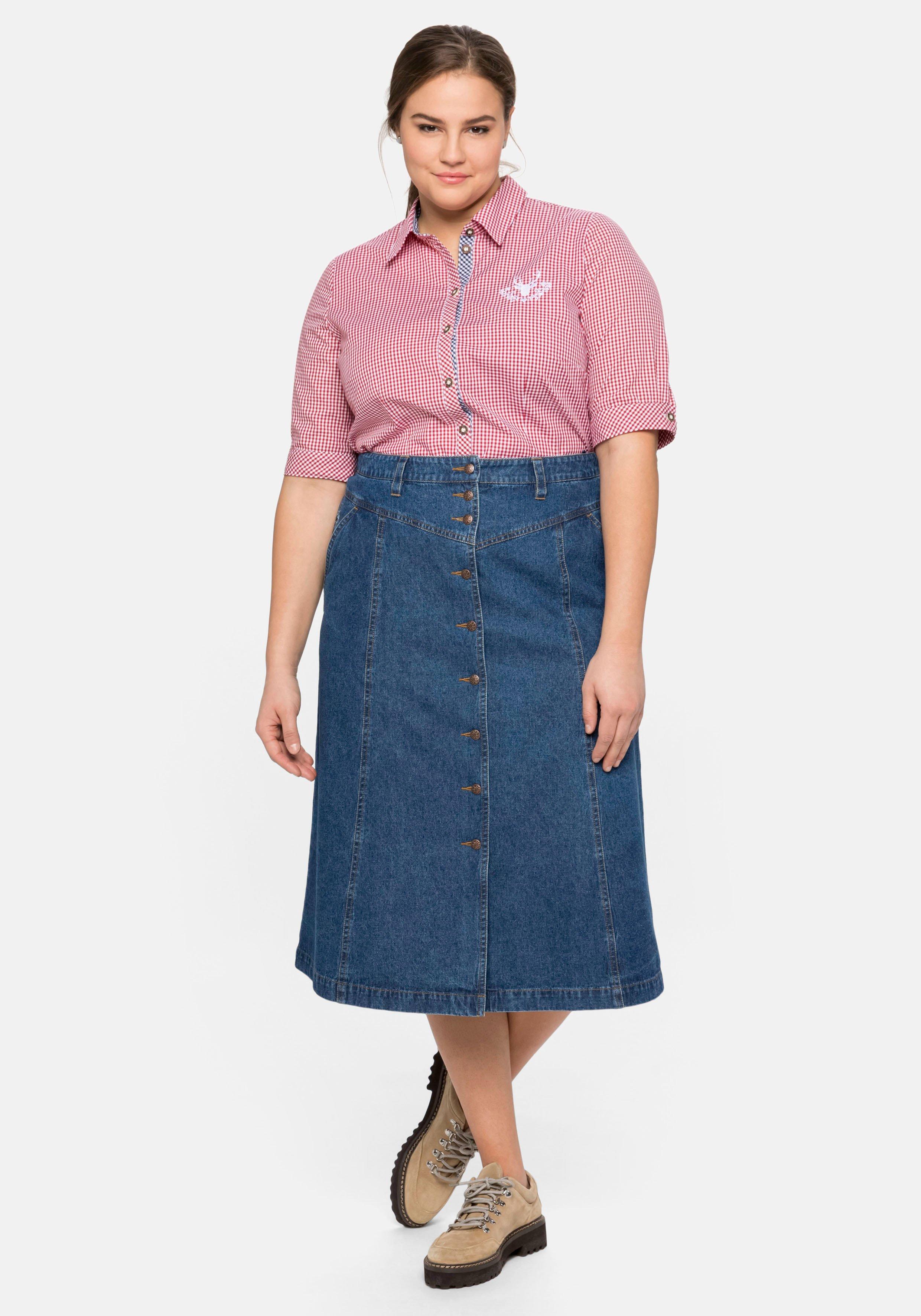Karierte Trachtenbluse mit Stickereien