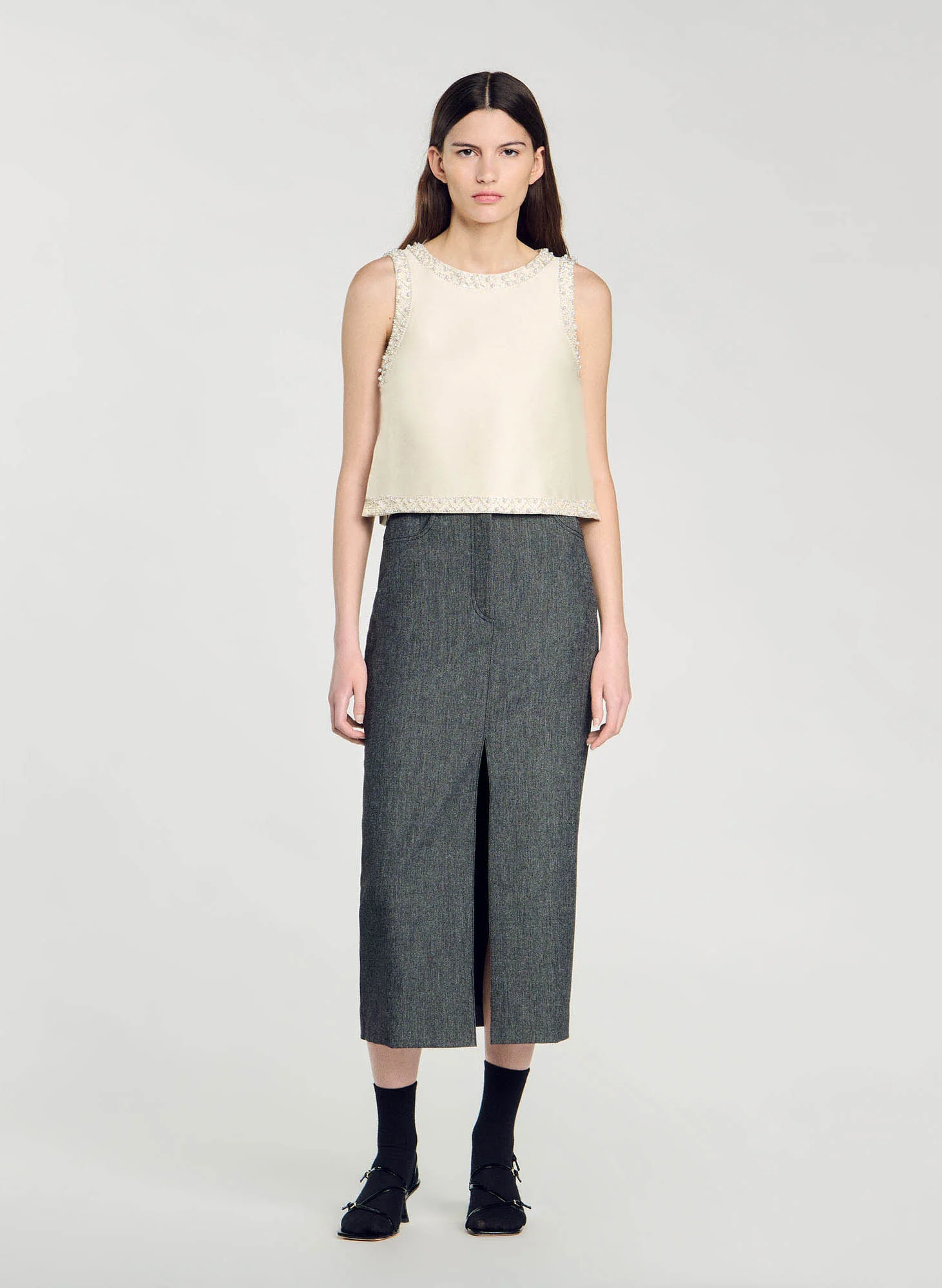 Top satiné à strass | Blanc
