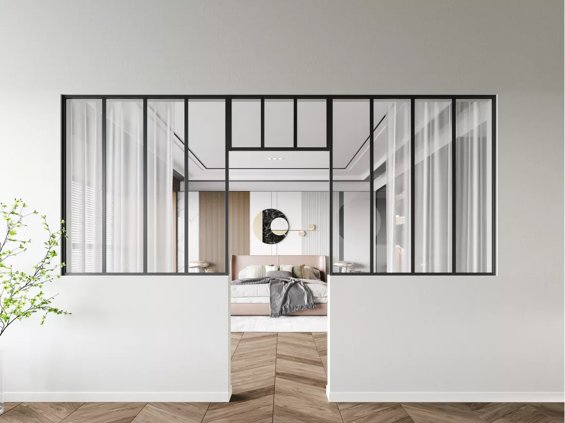 Lot de 2 verrières atelier avec imposte en aluminium thermolaqué - 2 x L120 x H130 + L73 x H40 cm - Noir - BAYVIEW