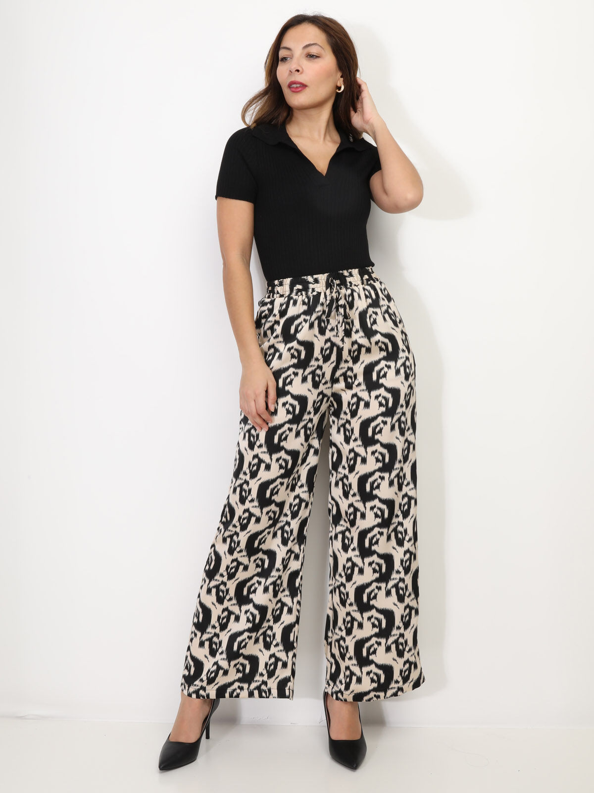 Pantalon satiné à motif abstrait- Noir