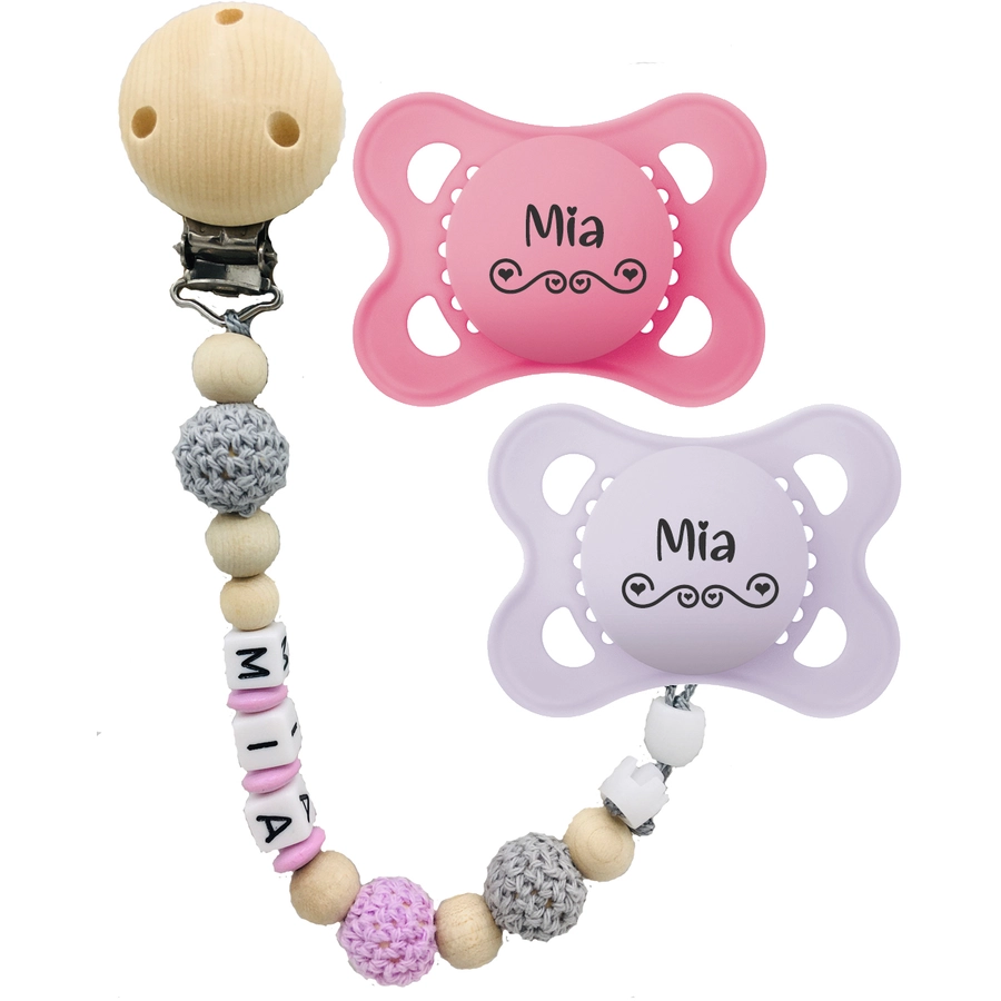 Schnullireich Schnullerkette mit Namen Häkelperle + MAM Schnuller 2-6 Mon Rosa