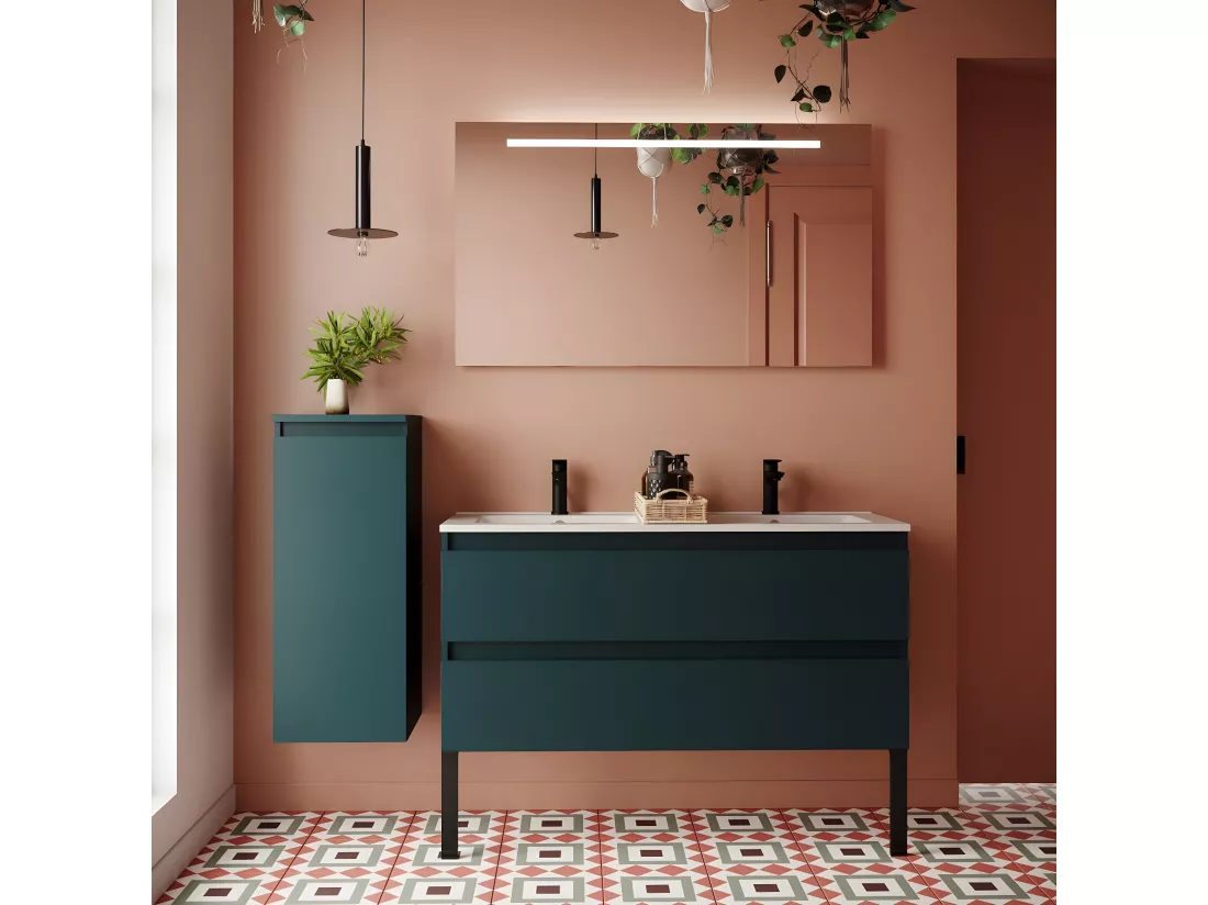 Meuble de salle de bain suspendu 2 vasques à poser 120cm 2 tiroirs Bleu - Hudson