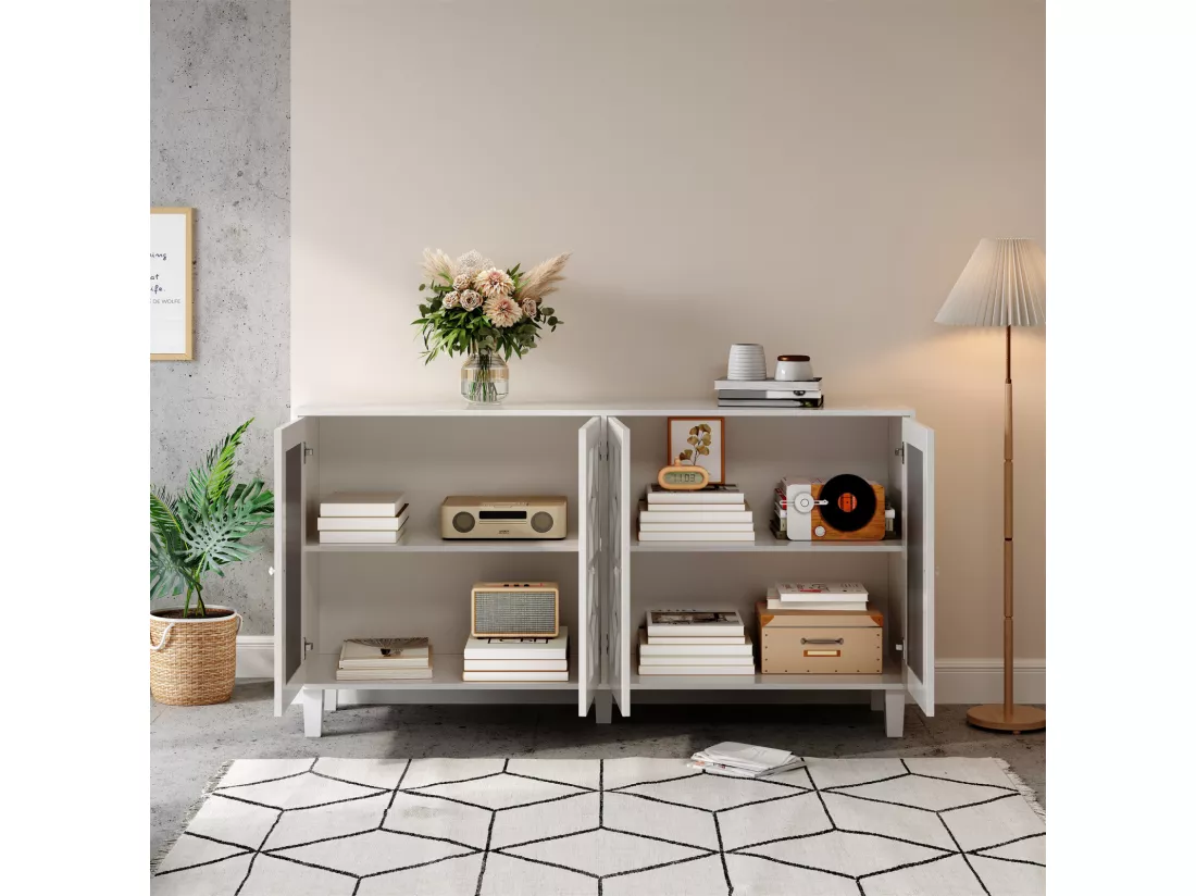 Buffet 160x40x85cm - avec 4 portes, poignées en cristal froid, stratifié mobile - pour salon et salle à manger - Blanc