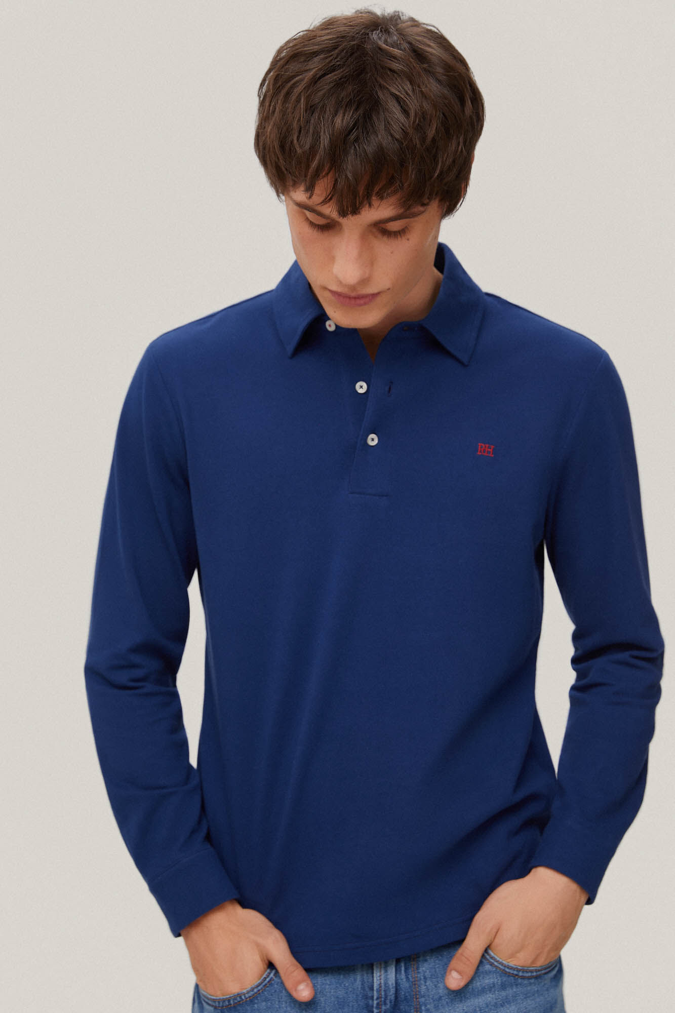 Camisa polo básica de manga comprida - Azul