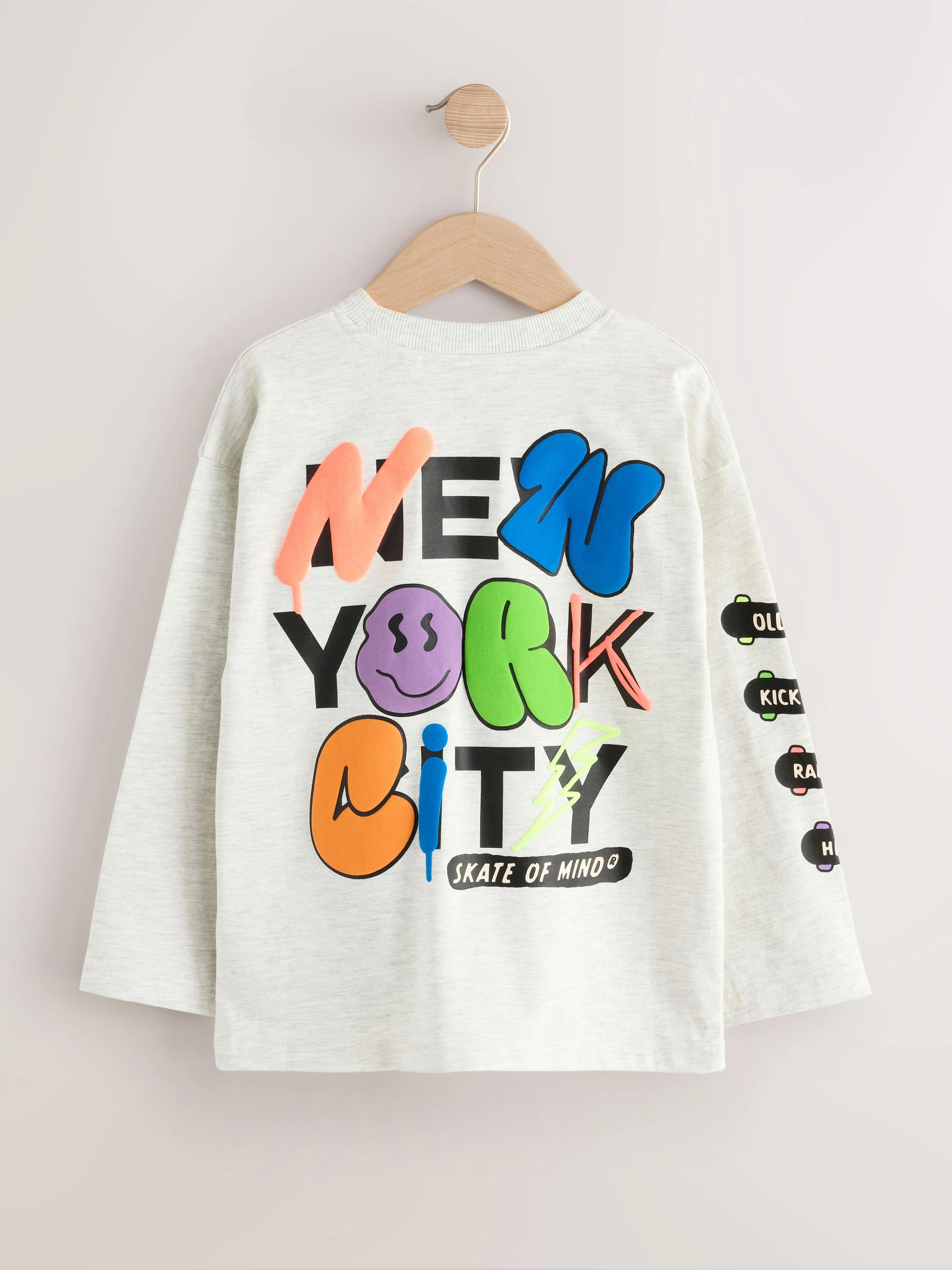 Grijs gemêleerd graffiti met slogan - Relaxed Fit Graphic Long Sleeve Cotton T-Shirt (3-16yrs)