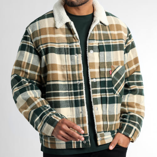 Veste A Carreaux Col Mouton Type I Sherpa Trucker A4882 Beige Vert