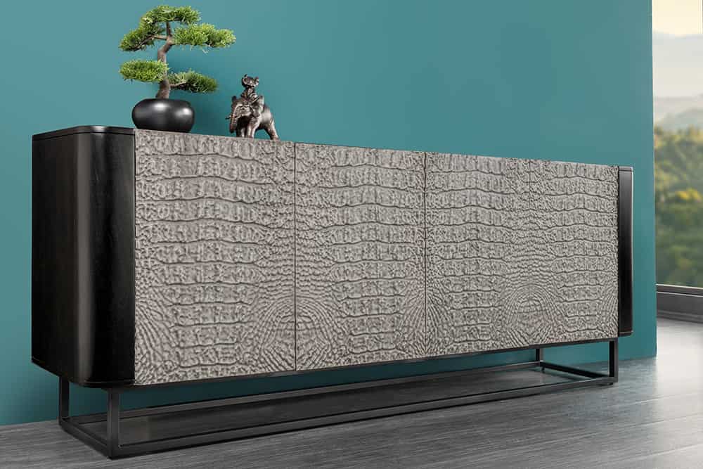 Handgefertigtes Sideboard CROCO 180cm grau schwarz Mangoholz mit 3D Schnitzereien massiv Metall