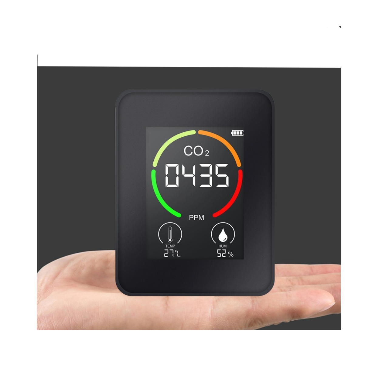 (7x9cm) Digitaler CO2 Messer Kohlenstoffdioxid Messgerät / Thermometer / Hygrometer mit LED Display - Schwarz