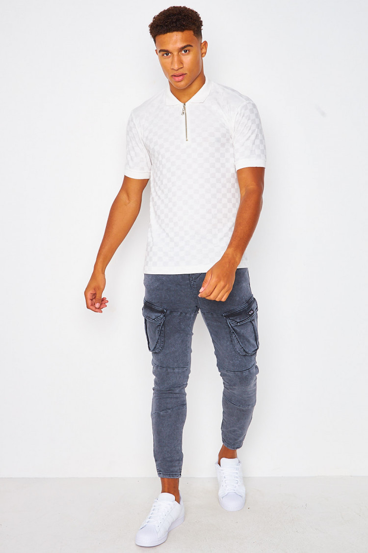 Polo blanc imprimé damier