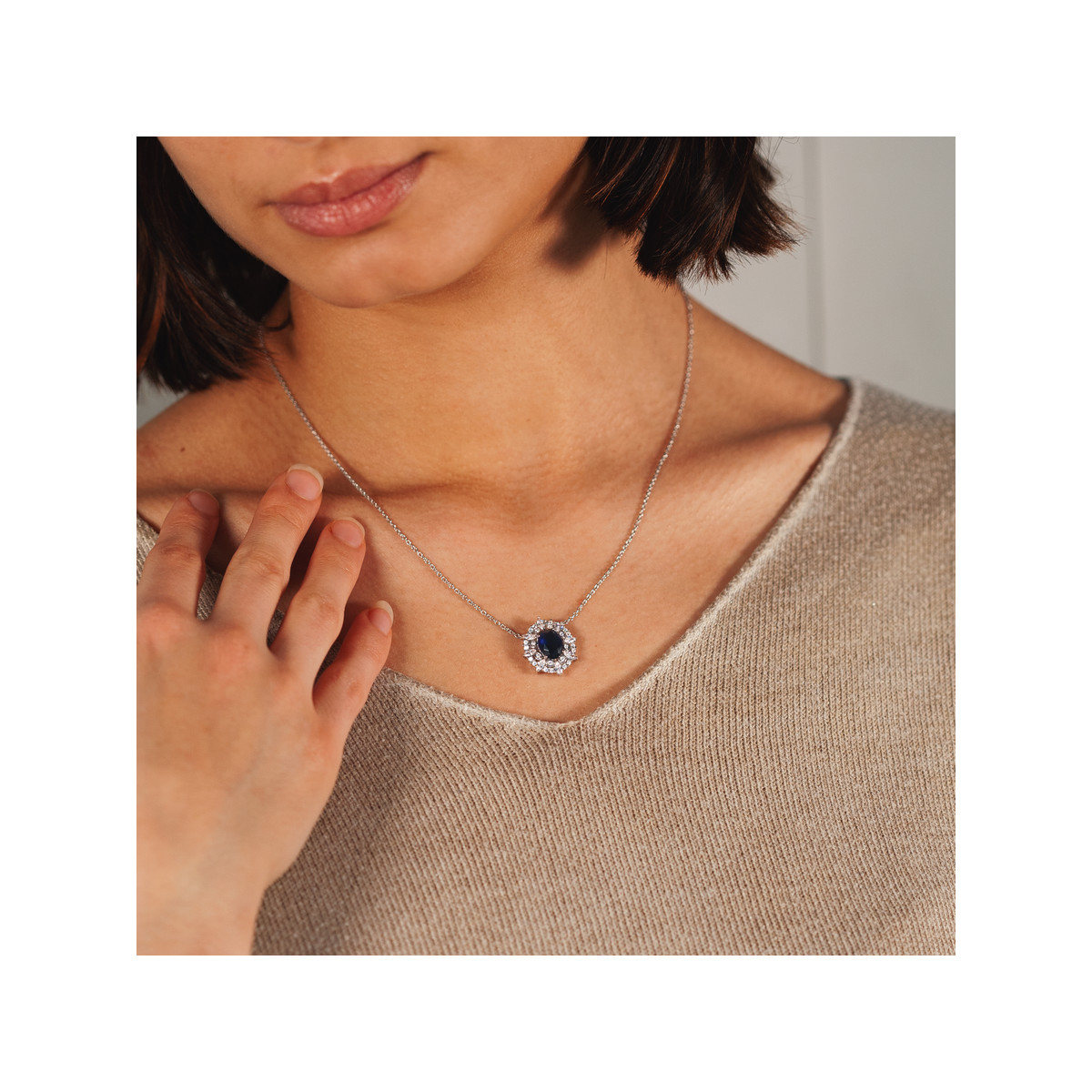 Collier argent 925 pierre bleue et zirconias 45 cm
