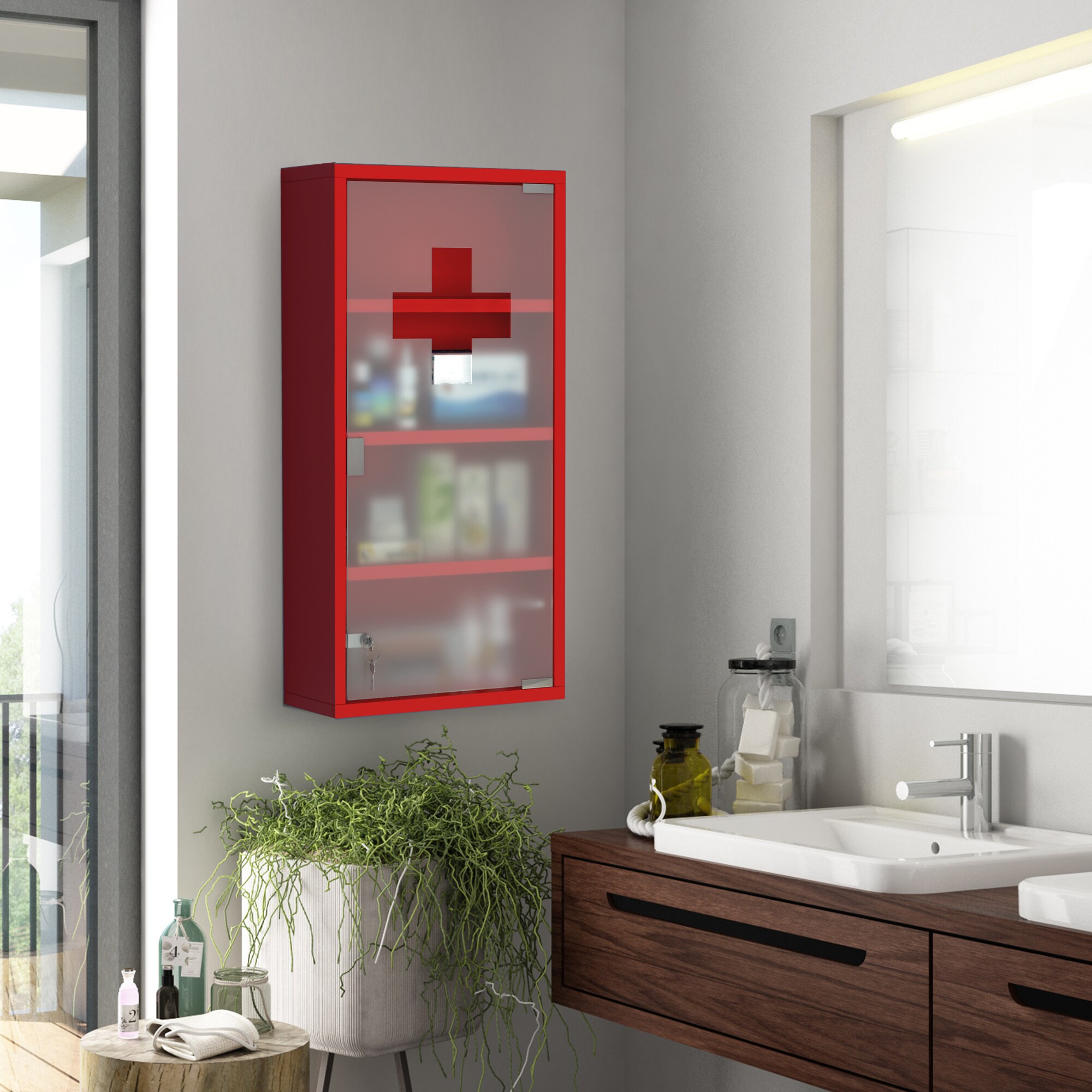 HOMCOM Medizinschrank zum Abschließen rot 30 x 12 x 60 cm (LxBxH)