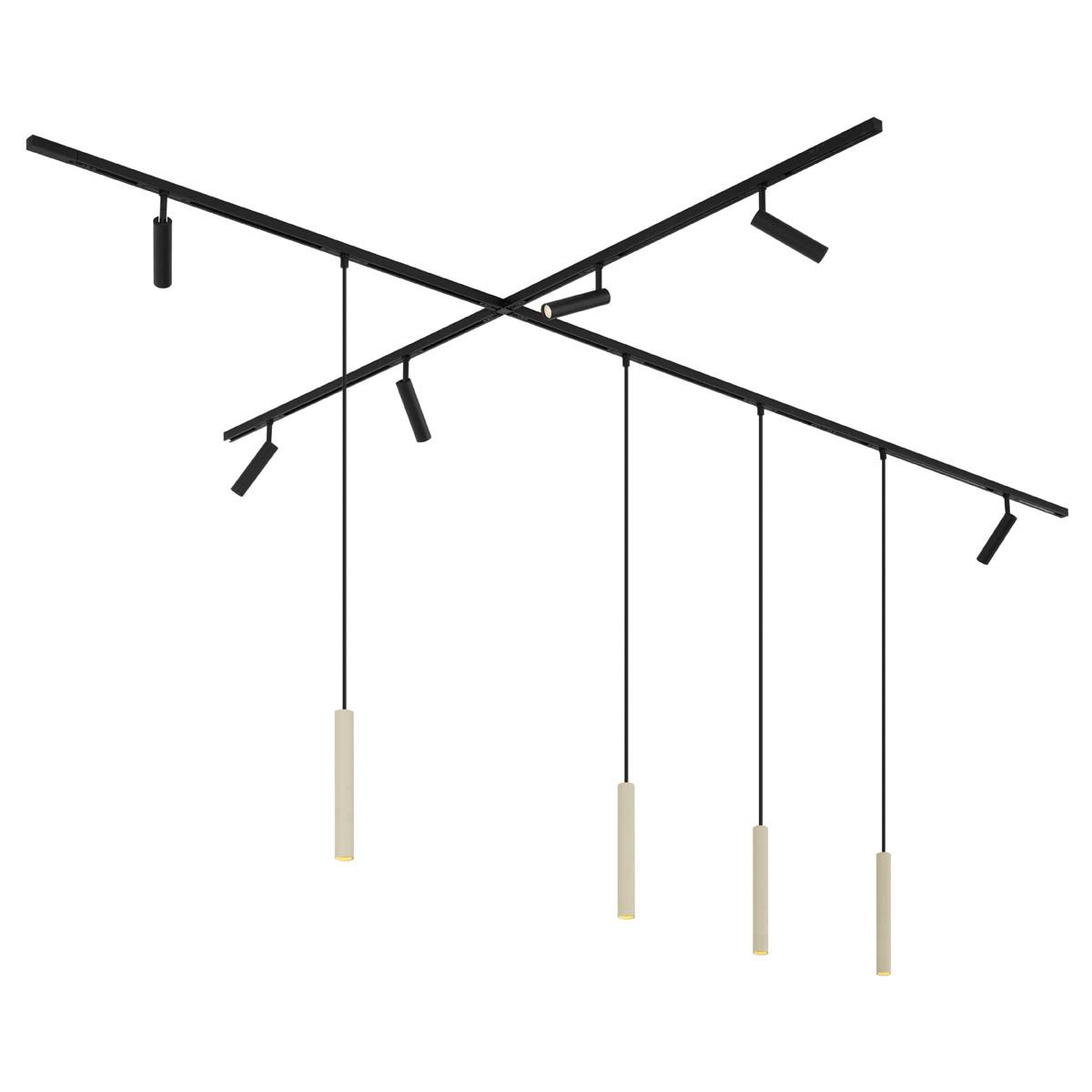Modern railsysteem met 6 spots en 4 hanglampen beige met zwart 1-fase - Slimline Uzzy Keno