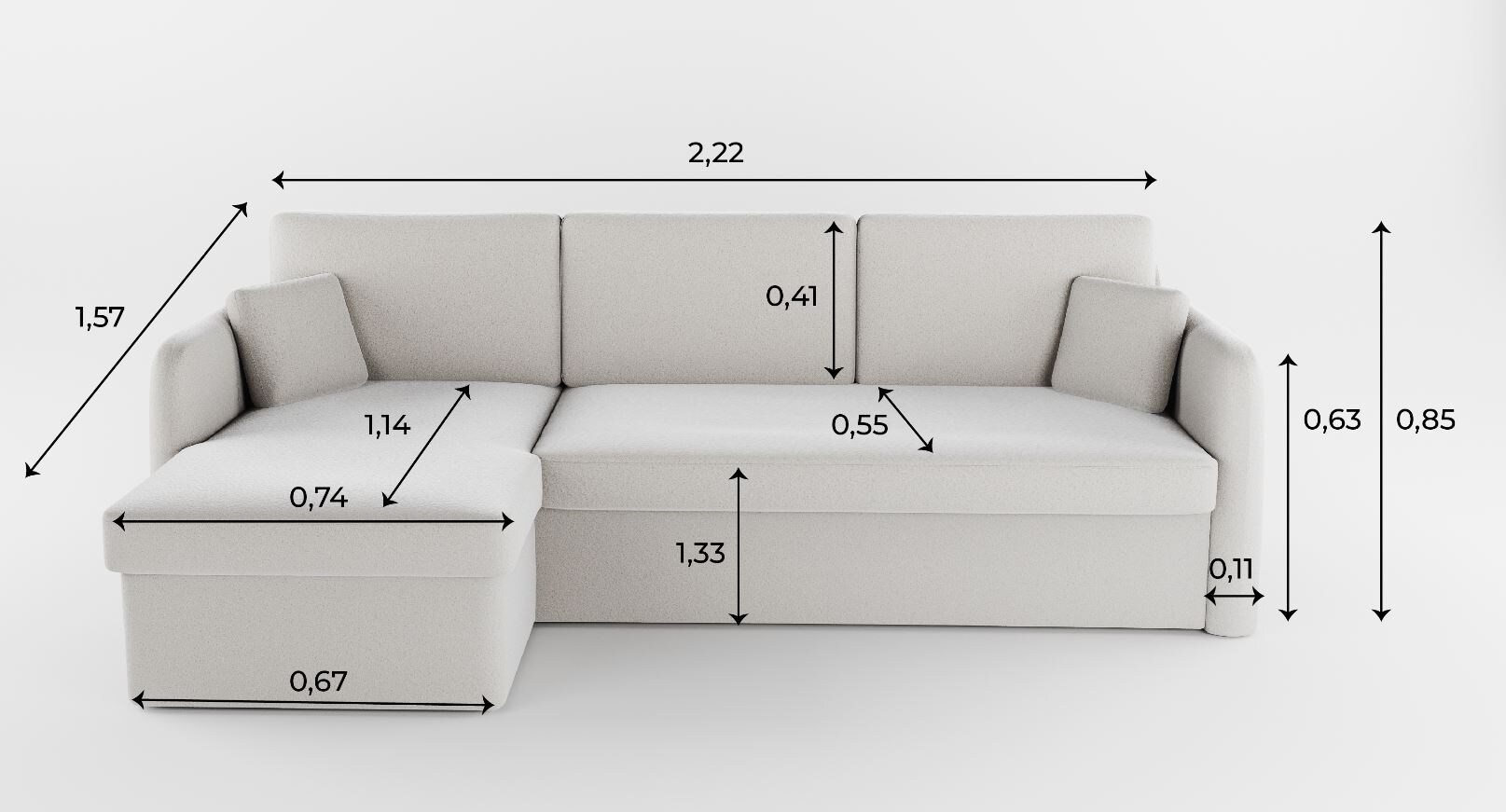 M-Punkt Ecksofa NICE Abriamo Boucle Ecru Hell mit Bettfunktion und Bettkasten Bett Sofa Schlafsofa Ottomane Universell Rechts oder Links