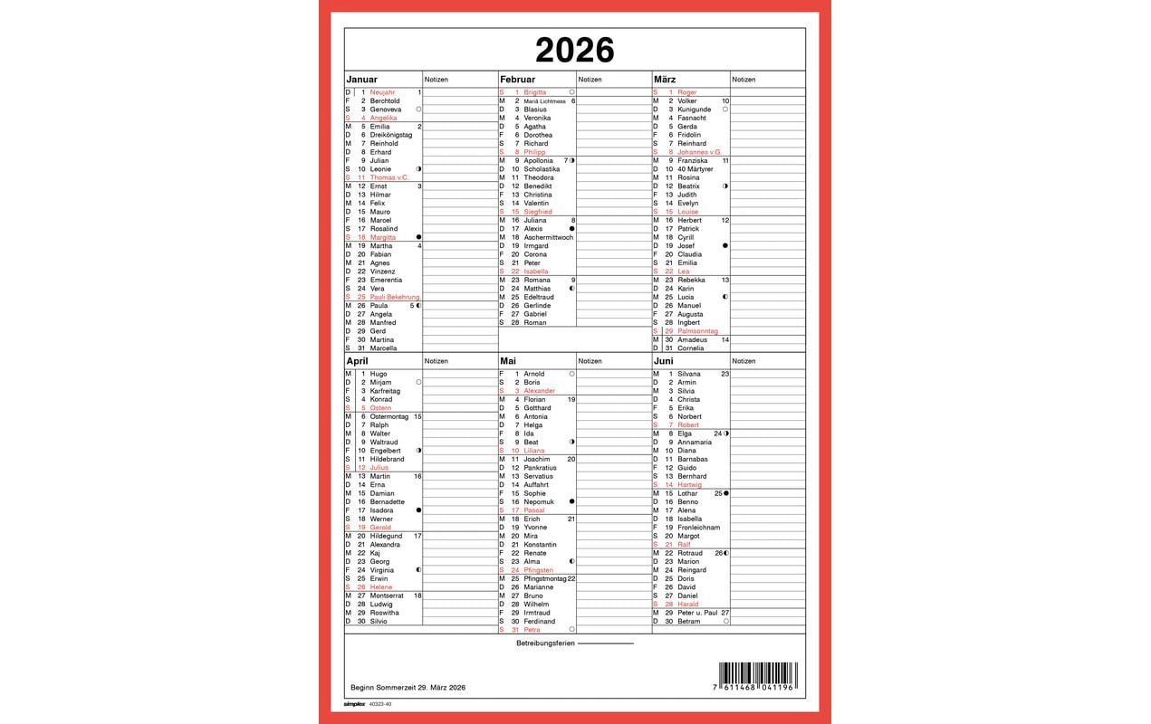 Kalender mit Namenstagen A4 Hochformat, 2026Wandkalender
