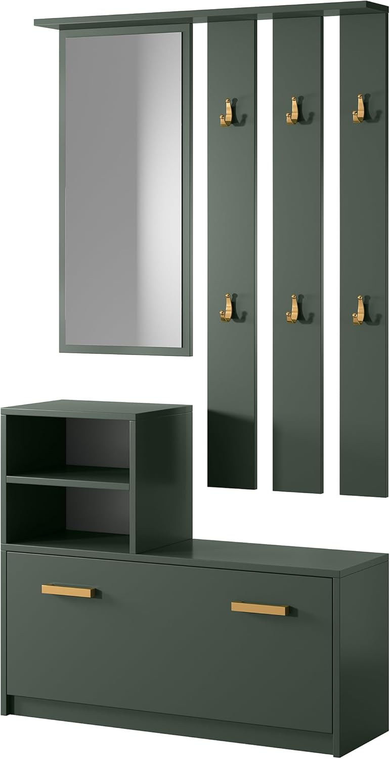 Selsey Flurgarderoben Set Garderobe Flur Wandgarderobe Garderobenpaneel Schuhregal Spiegel Regal Garderobenset Flaschengrün Mit Goldenen Griffen Yesfir