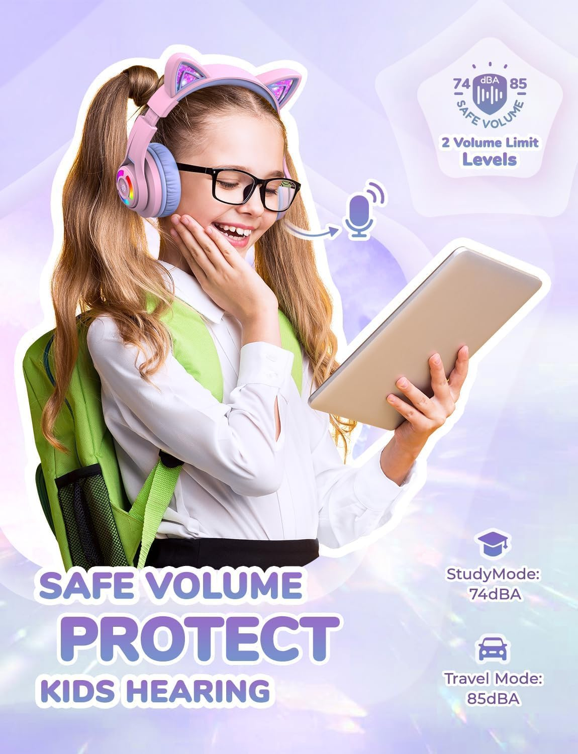 BTH13 Headphone Kids BT LED Bluetooth Kopfhörer Over-Ear 74/85dB Lautstärkeeinstellungen mit Katzenohren (C04-2083N-15) - Rosa / Violett