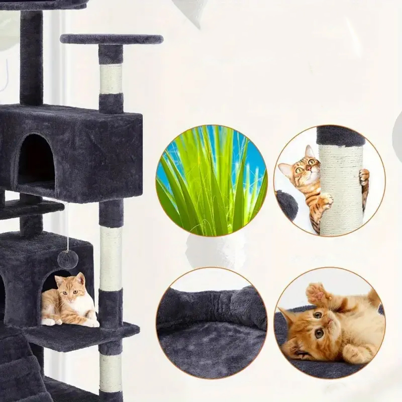 (136cm) Katzen Baum Sisal Kratzsäulen mit Häuschen / Treppe / Aussichts Plattformen / Spiel Bälle - Schwarz