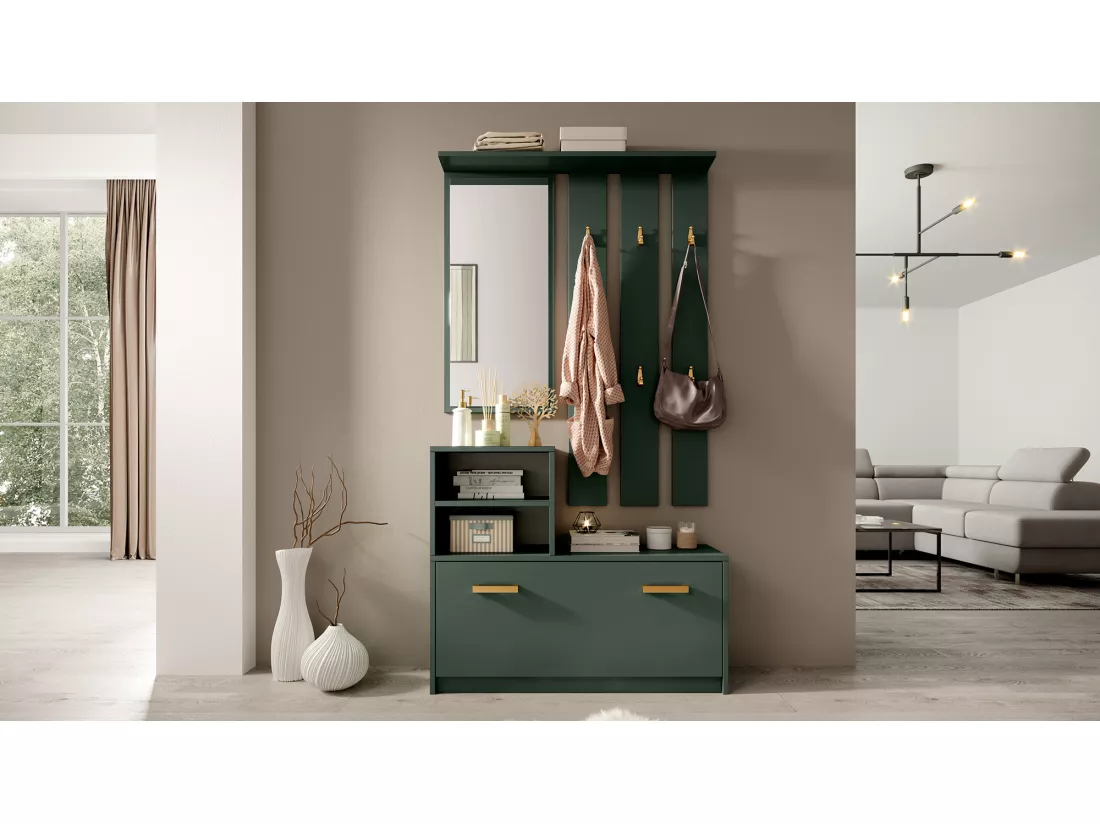 Vestiaire d’entrée / Meuble d’entrée - vert bouteille - armoire à chaussures - portemanteau - miroir - 85 cm - YESFIR