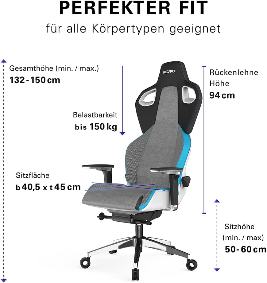 RECARO Exo Platinum Gaming Stuhl & Bürostuhl Ergonomisch [TÜV-Zertifiziert] | Made in Germany | Lordosenstütze, Aluminium-Rahmen, Anti Submarining, Handräder für stufenlose Einstellung, Sky