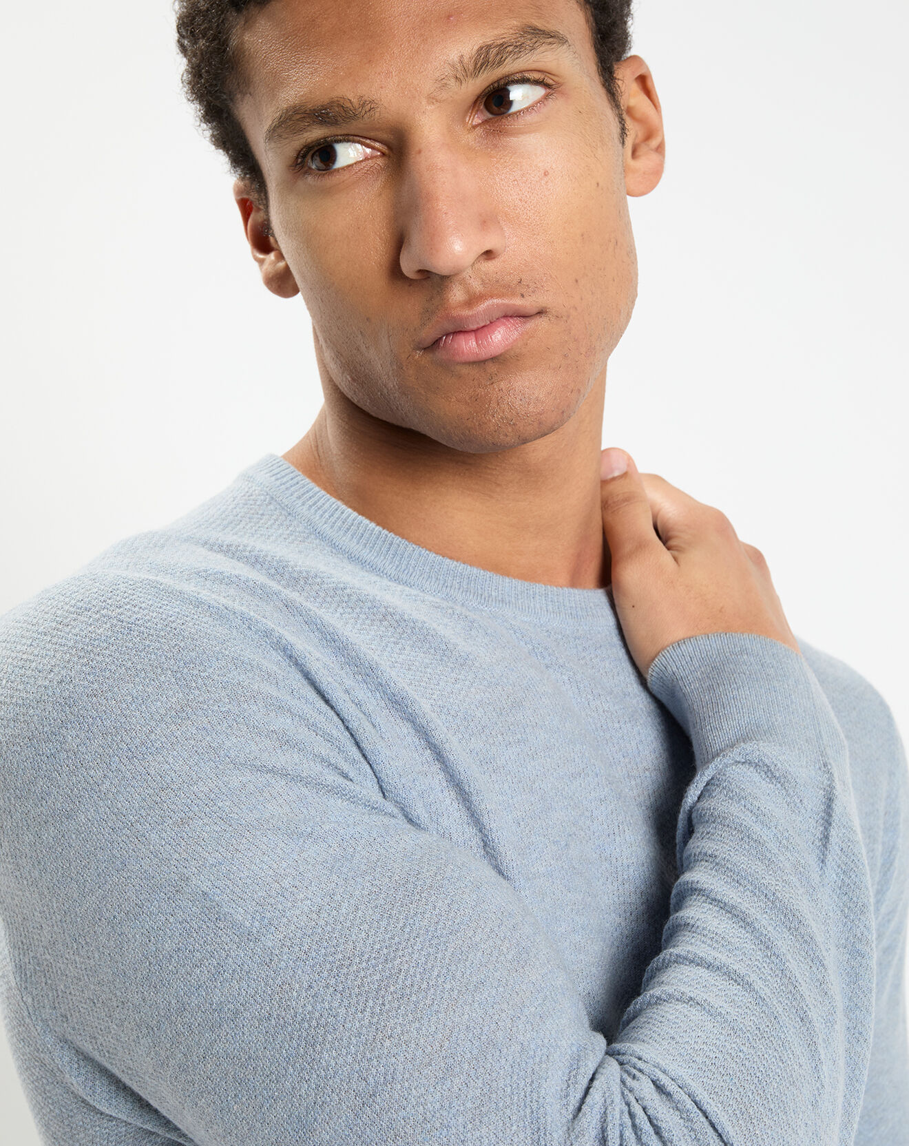 Hackett London Pull en Laine, Soie & Cachemire col rond texturé bleu clair