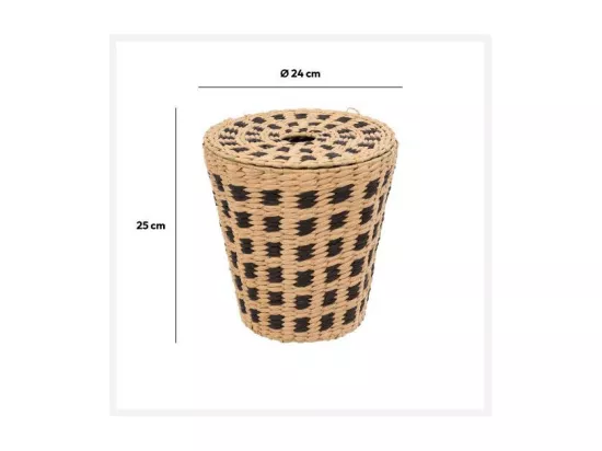Poubelle de salle de bain avec couvercle tressé naturel et noir 7 L