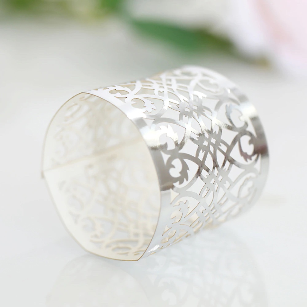 (50er Set) Ø5cm Papier Serviettenring Tischdeko Faltbare Tuchhalterung Ornament - Silber