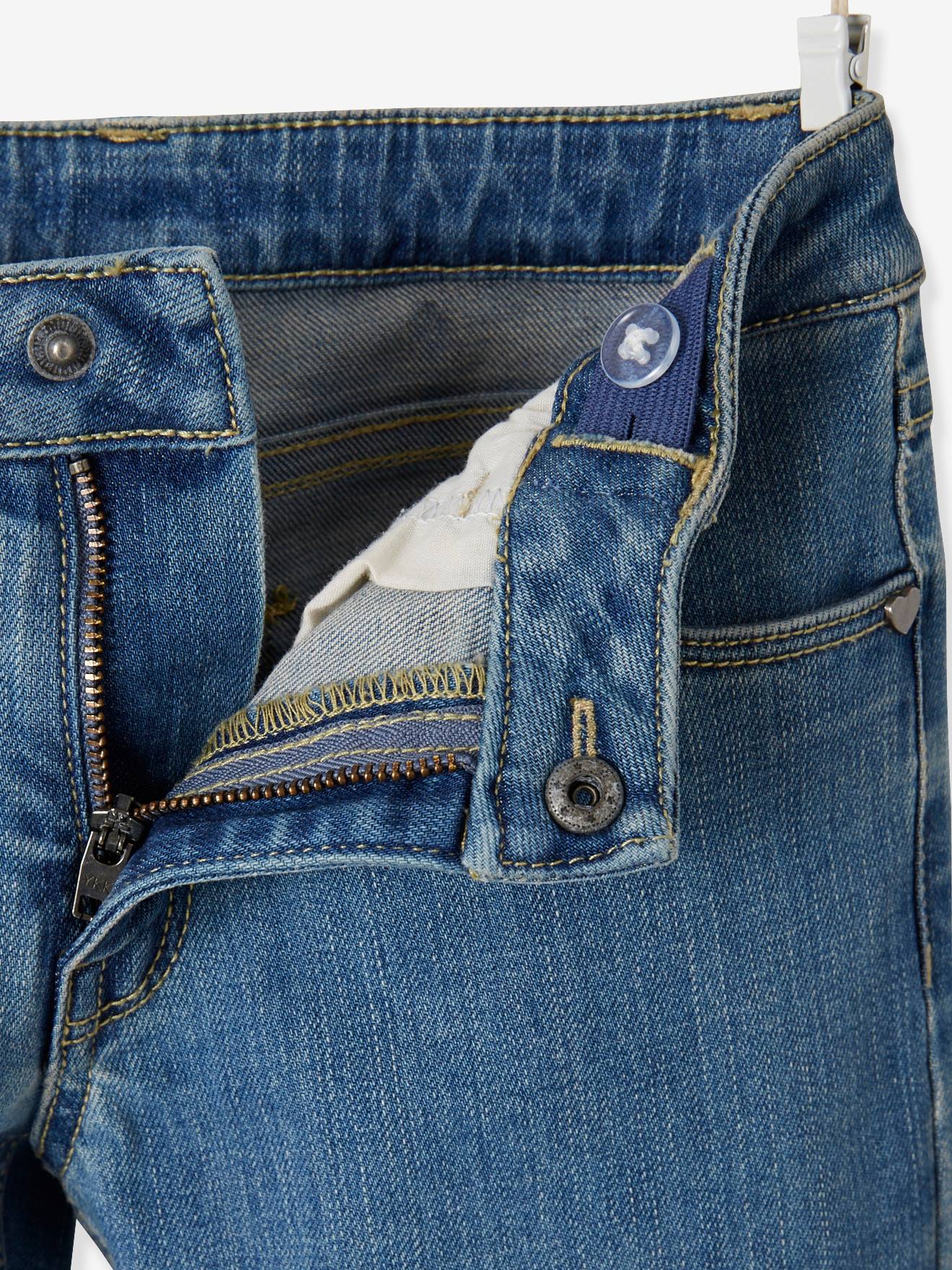 Calça jeans reta para meninas com quadris largos, azul médio, lisa.