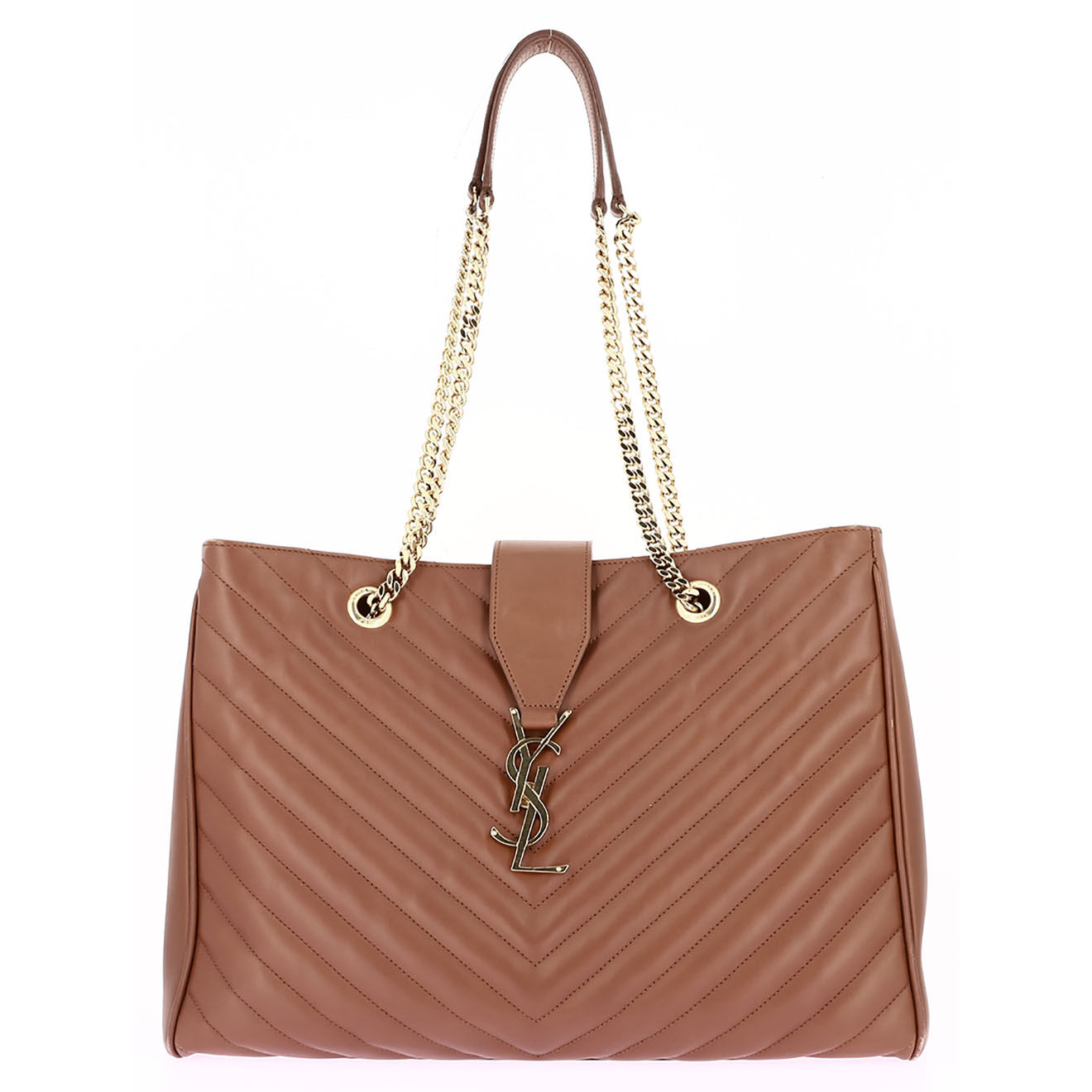 Saint Laurent Sac cabas Shopping en Cuir lisse chevron marron - Très bon état - L.36 cm