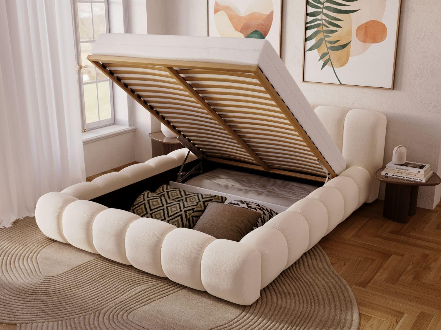 GRAINGOLD Doria Bett 180x200, Polsterbett mit Bettkasten, Polsterbett mit Stauraum, Velour, mit Lattenrost, mit Kopfteil, ohne Matratze (Creme, 180x200)