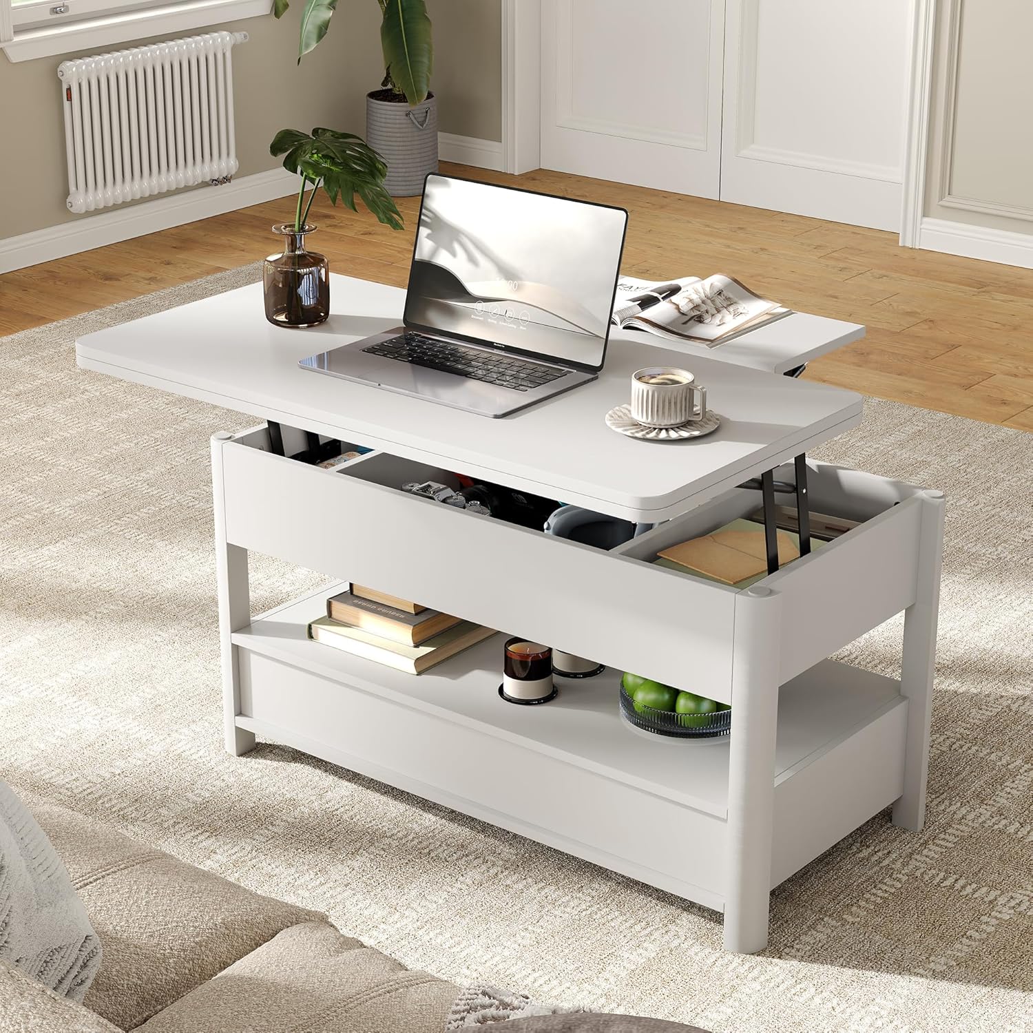 Höhenverstellbarer Couchtisch mit Schubladen und Geheimfach, Couchtisch verwandelt Sich in einen Esstisch für das Wohnzimmer, Weiß