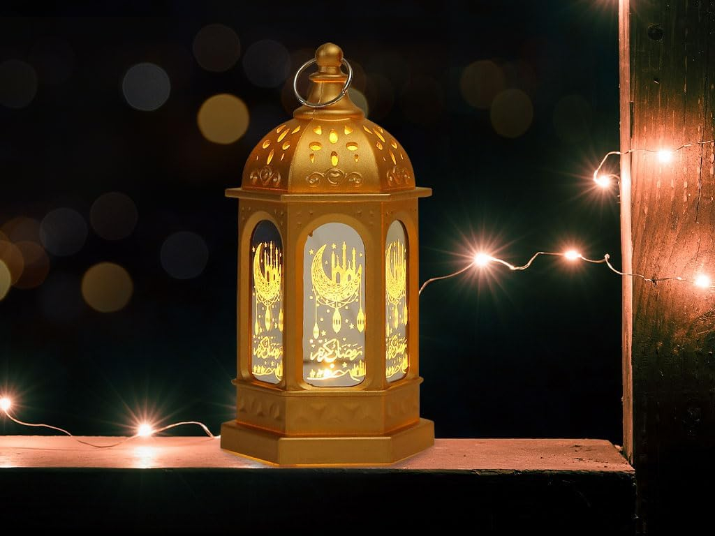 (13x7cm) Mini Ramadan LED Laterne Eid Mubarak Deko Accessoire Bajram Beleuchtung (inkl. LR44 Batterien) - Gold