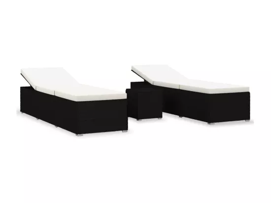 Chaises longues de jardin table à thé 3 pcs Résine tressée Noir