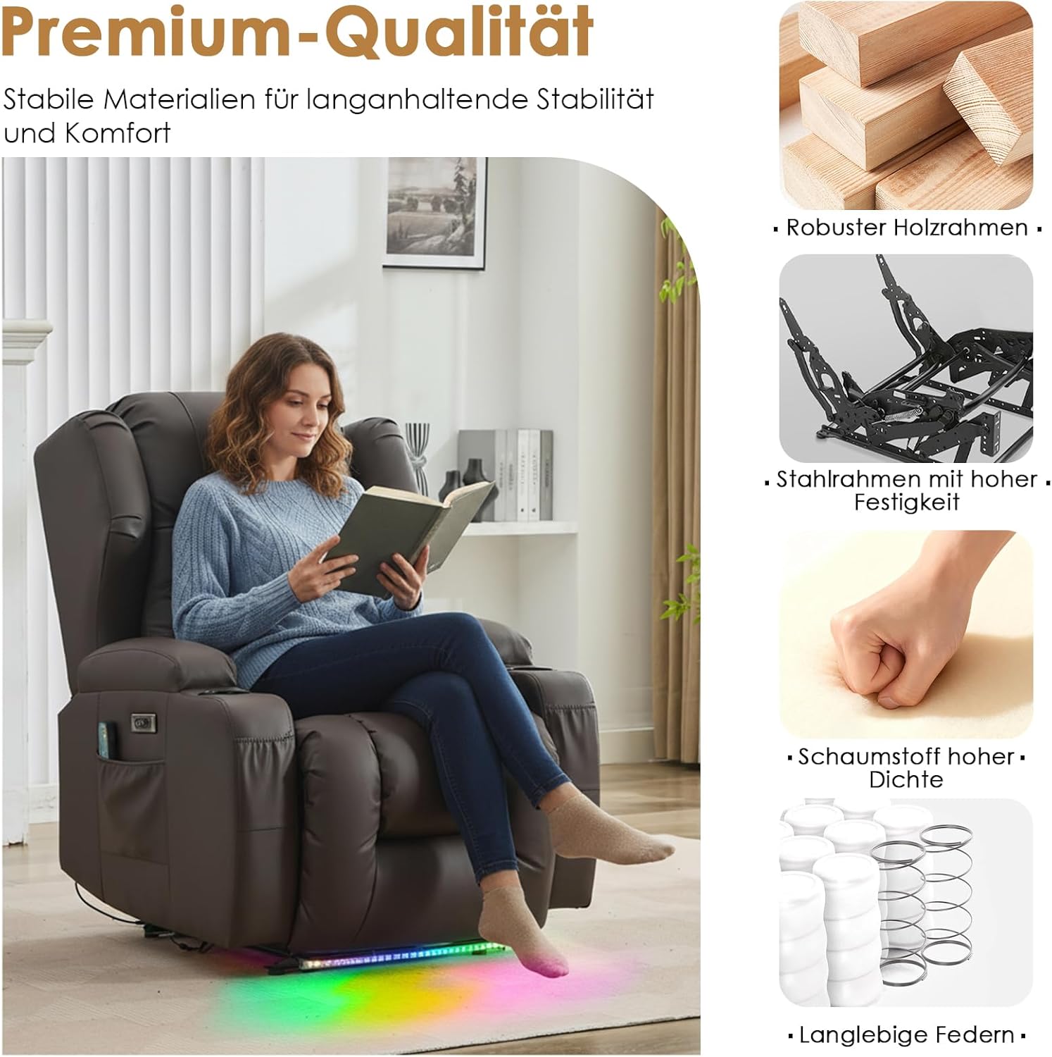 SAMERY Fernsehsessel Elektrisch Verstellbar Relaxsessel mit Liegefunktion Massage Heizung, Kunstleder TV Sessel Wohnzimmer Kinosessel Liegesessel Massagesessel mit Fußteil, USB, LED (Braun*1)