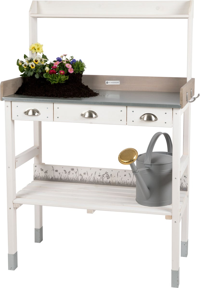 WONDERMAKE - Grote witte houten pottentafel met 3 lades, weerbestendig, XL tuinwerktafel voor buiten op balkons, hoogwaardige tuintafel, wit/grijs