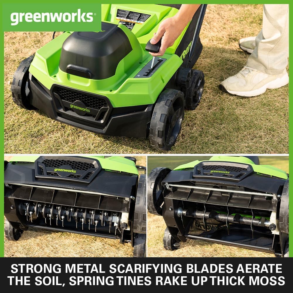 Greenworks 40V Akku Vertikutierer und Rasenharke mit bürstenlosem Motor, 3100 U/min, 38 cm Arbeitsbreite, 5 Tiefen, 45 L Auffangbehälter OHNE Akku & Ladegerät, 3 Jahre Garantie GD40SC38II