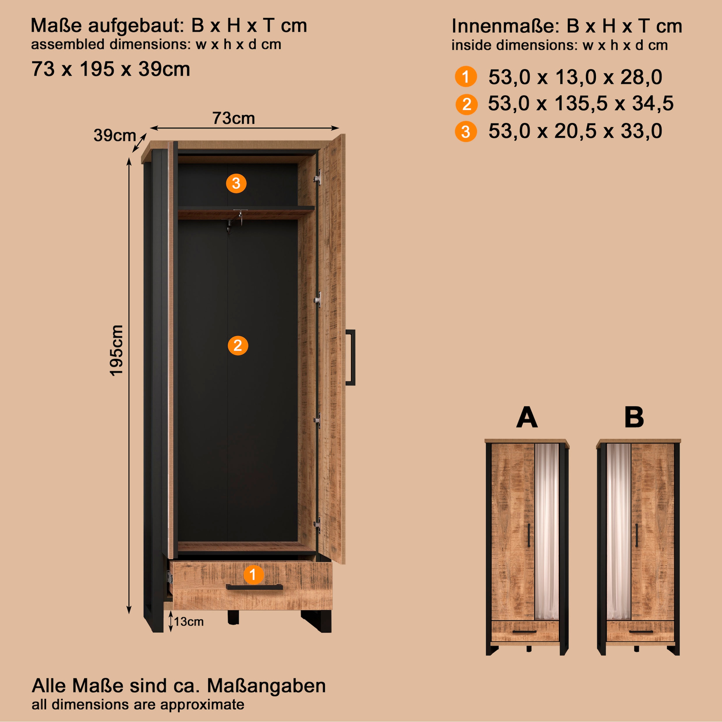 Home affaire Garderobenschrank »Elda« 1 Stk. tlg. Schrank mit ausziehbarer Kleiderstange, 2 Türen – (B/T/H) 73/39/195 cm