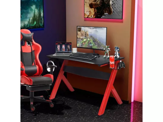 Bureau Gamer 60 x 115 cm, Tapis de Souris, Support pour Ecouteurs et Support pour Tasse, Porte-Gobelet, Surface en Fibre de Carbone et Cadre en Acier, Table de Gaming pour E-Sport, Noir+Rouge
