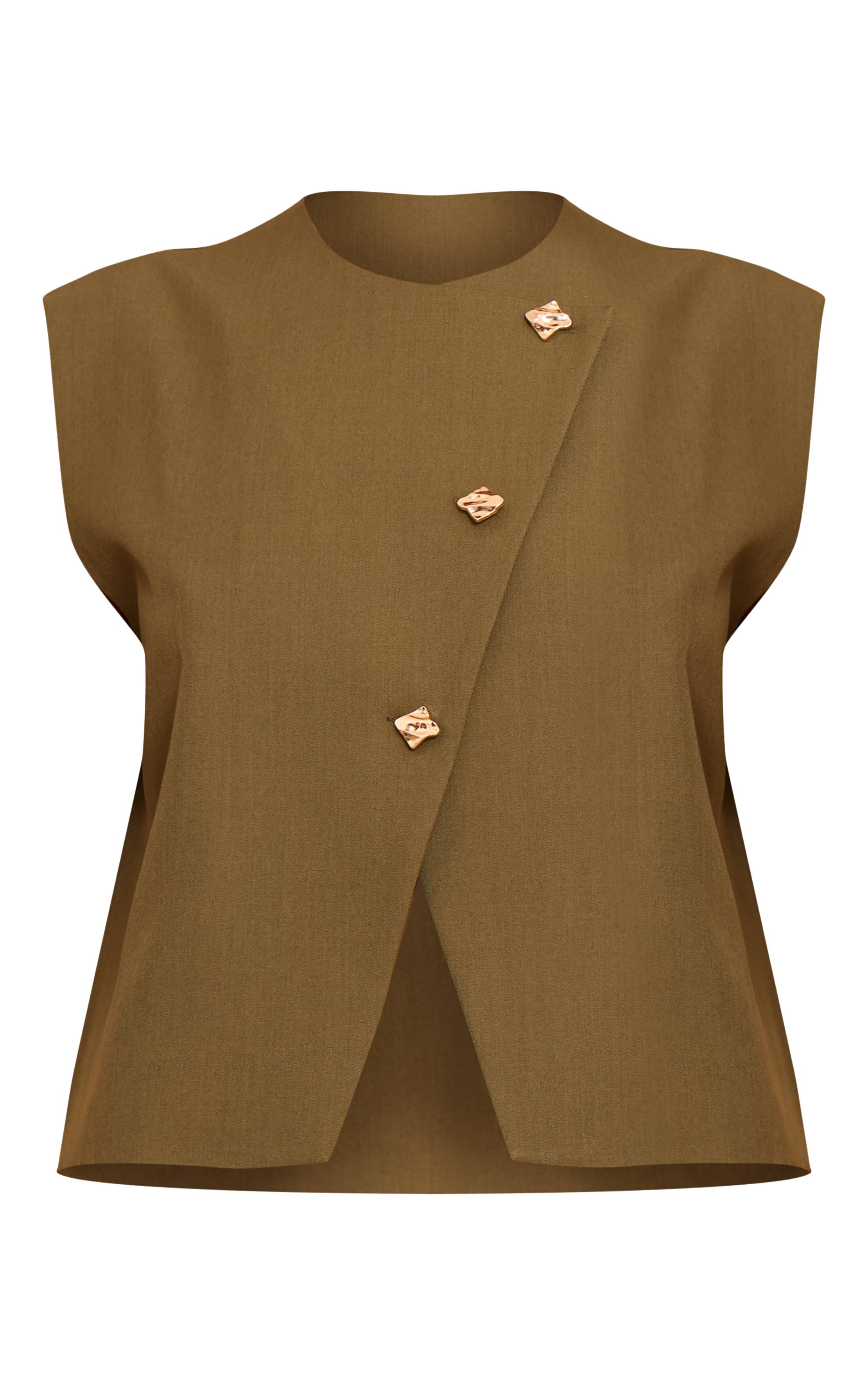 Kaki Ensemble Coordonné Gilet Oversize À Passepoil Doré