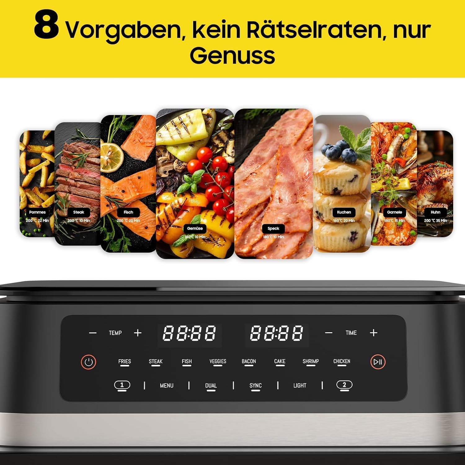 Heißluftfritteuse Dual Zone 11L XXL – Leistungsstarker Air Fryer mit Doppelkammer & herausnehmbarer Trennwand, Heissluftfriteuse ohne Öl, 2950W, Sichtfenster & Touchdisplay, für Familien