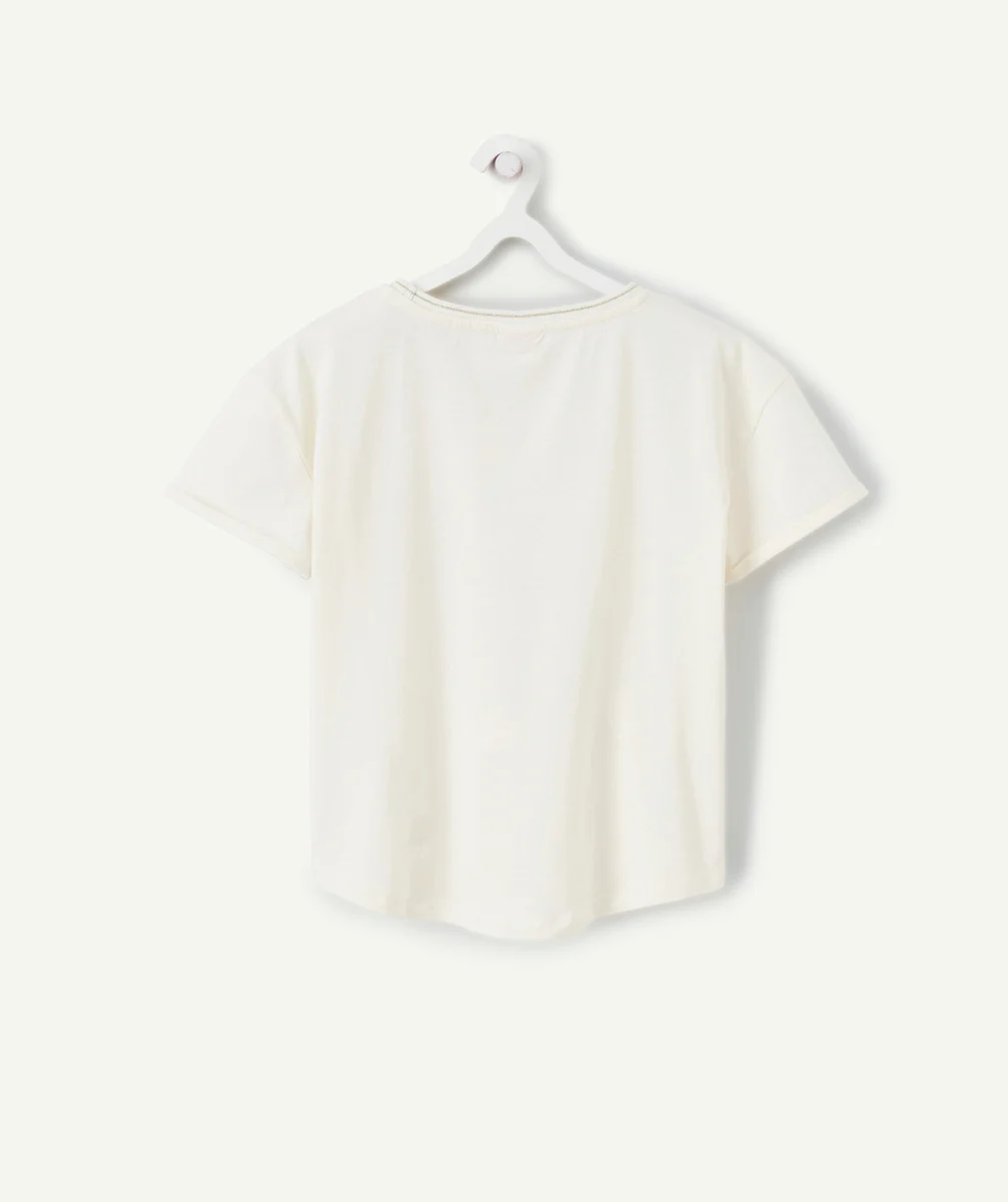 T-SHIRT FILLE EN COTON BIO ÉCRU MOTIF LÉOPARD
