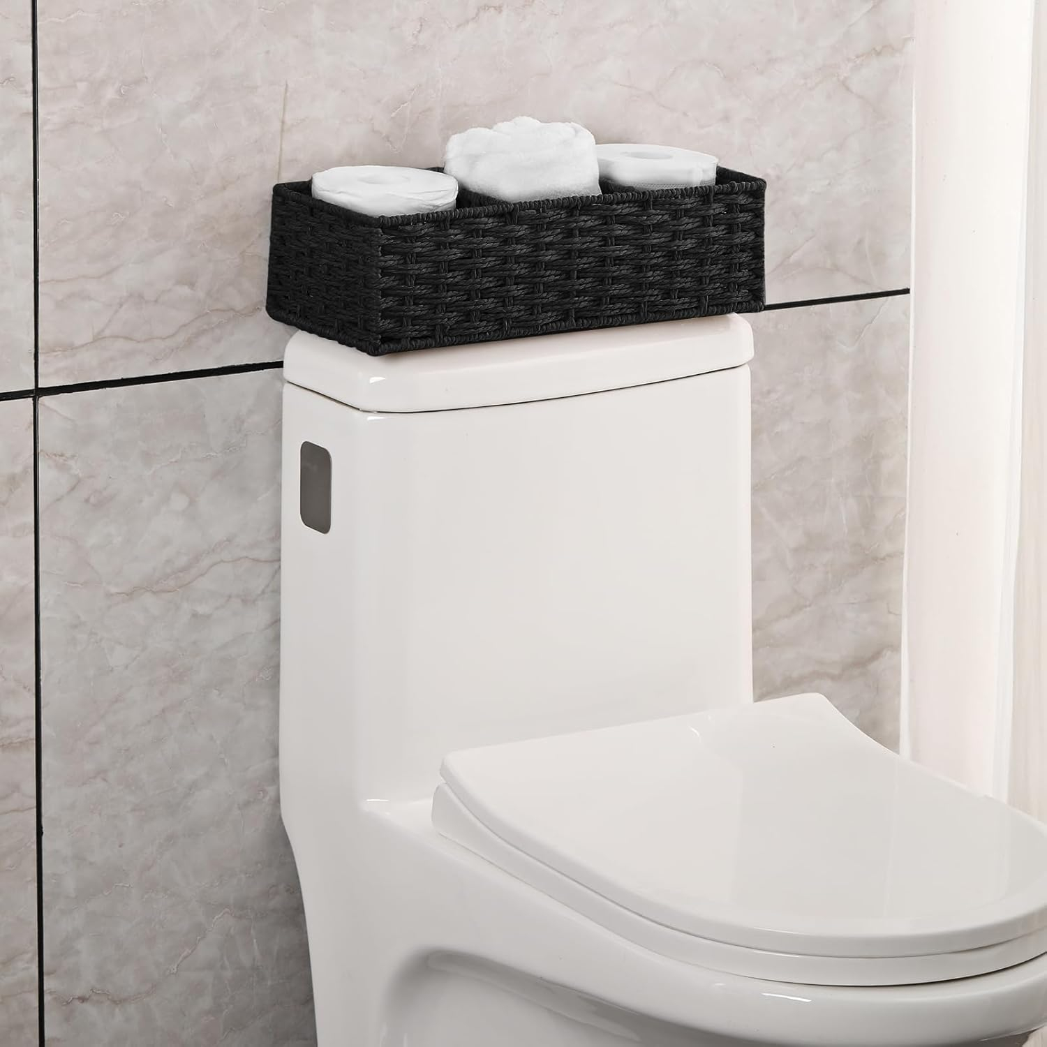 (36x15cm) Rattan Aufbewahrungs Korb Deko Organizer mit 3 Fächern für Badezimmer / Küche / Wohnzimmer - Schwarz