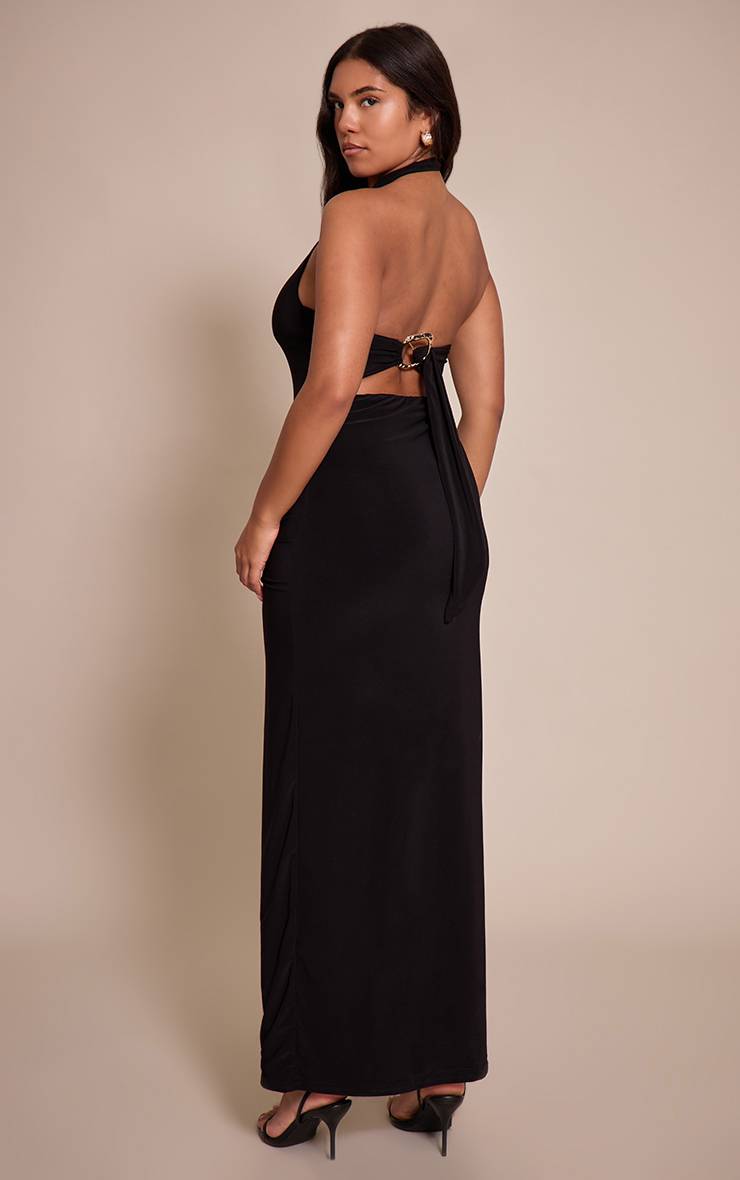 Noir Robe Maxi Ajustée À Encolure Licou Dos Noué Détail Doré Et Col Drapé